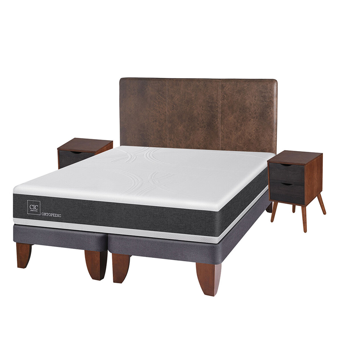 Cama Europea CIC Base Dividida 2 Plazas Ortopedic + Respaldo + 2 Veladores Baker