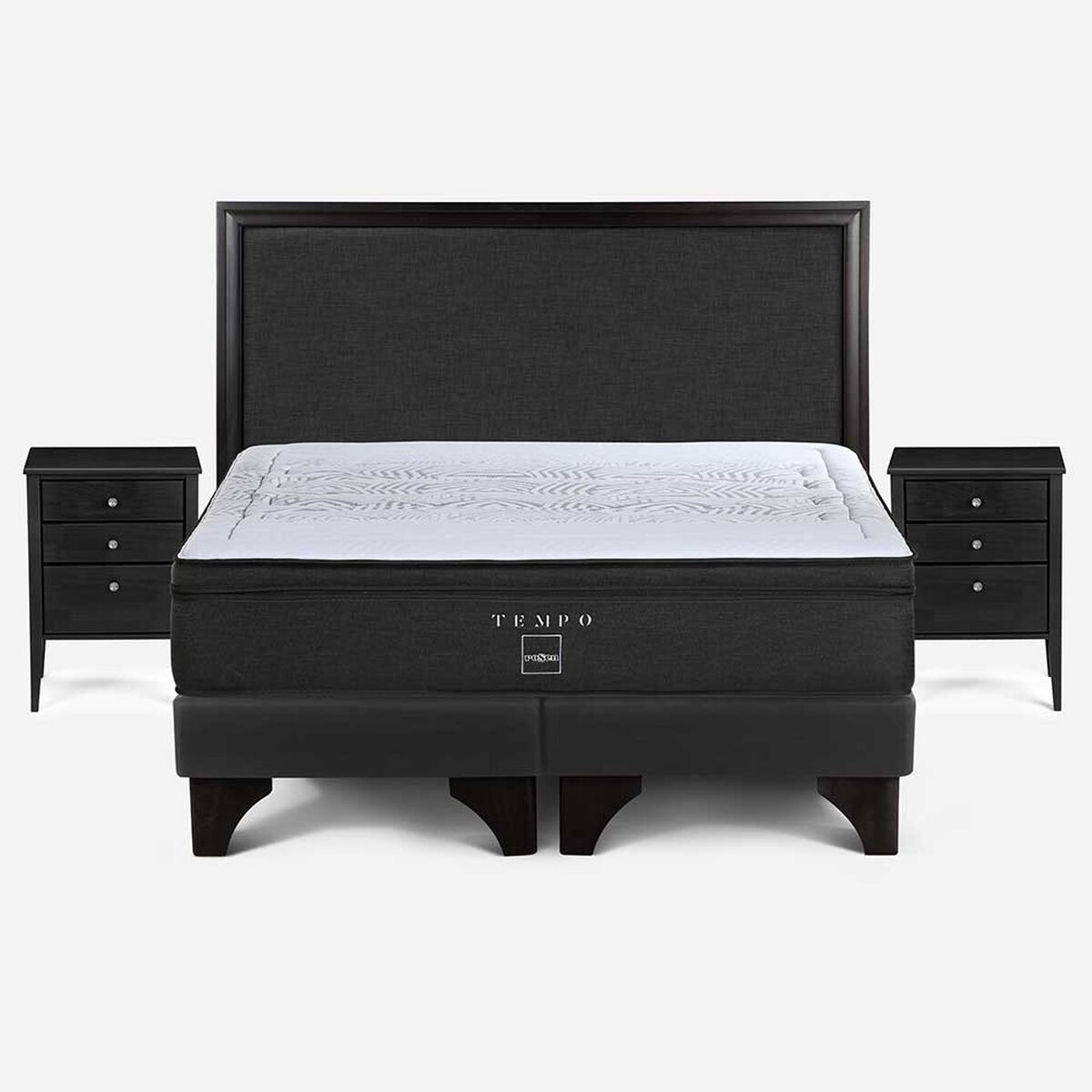 Cama Europea Rosen Base Dividida Súper King Tempo + Respaldo + 2 Veladores Nolita Grafito