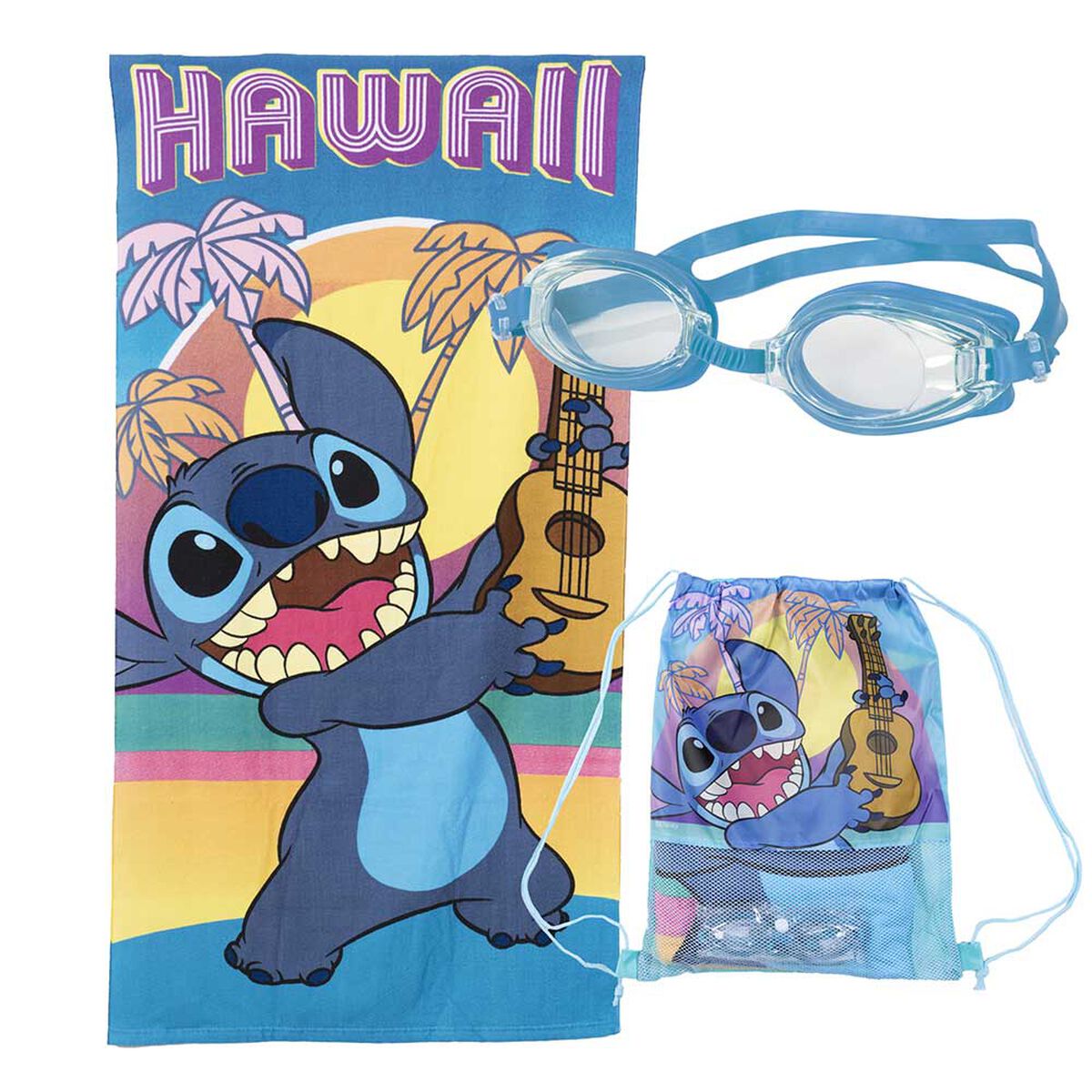 Toalla de Playa + Bolso + Lentes Natación Disney Stitch 140 x 70 cm