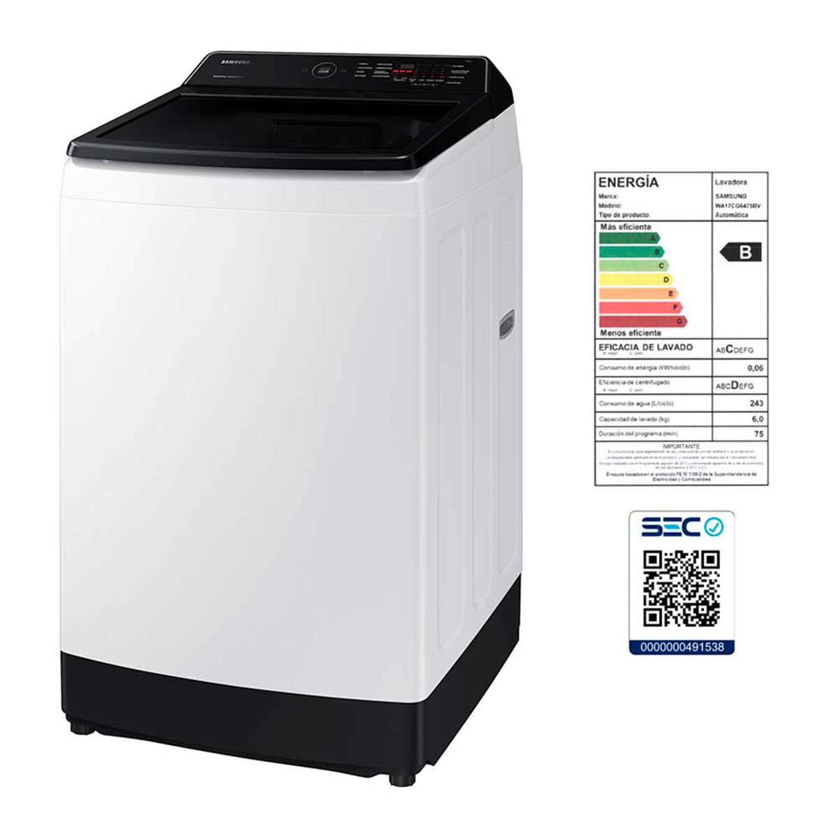 Lavadora Automática Samsung WA17CG6441BWZS 17 kg.