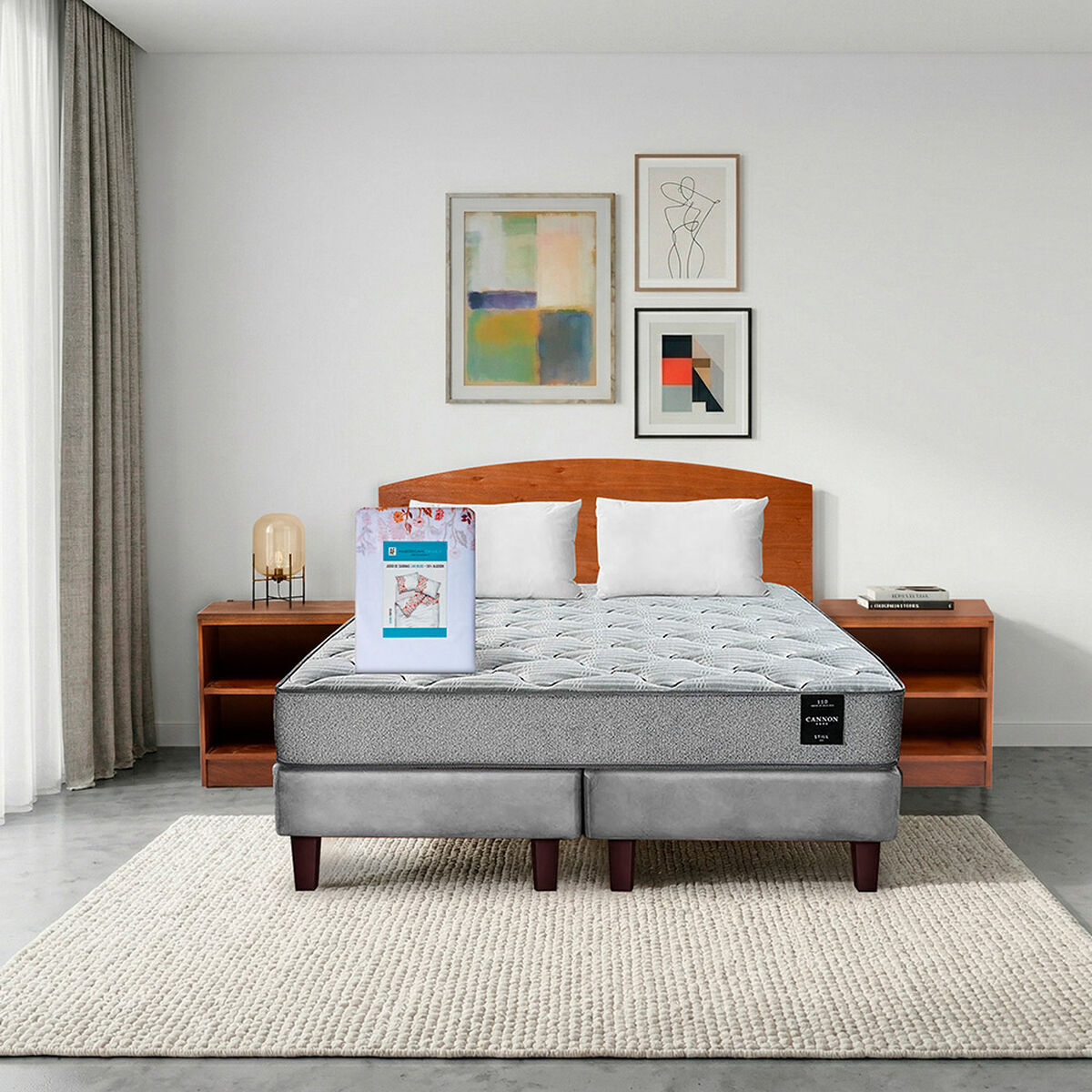 Combo Cama Europea Latam Home 2 Plazas Cannon BD Tela Gris + Textil + Respaldo + 2 Veladores Atlas