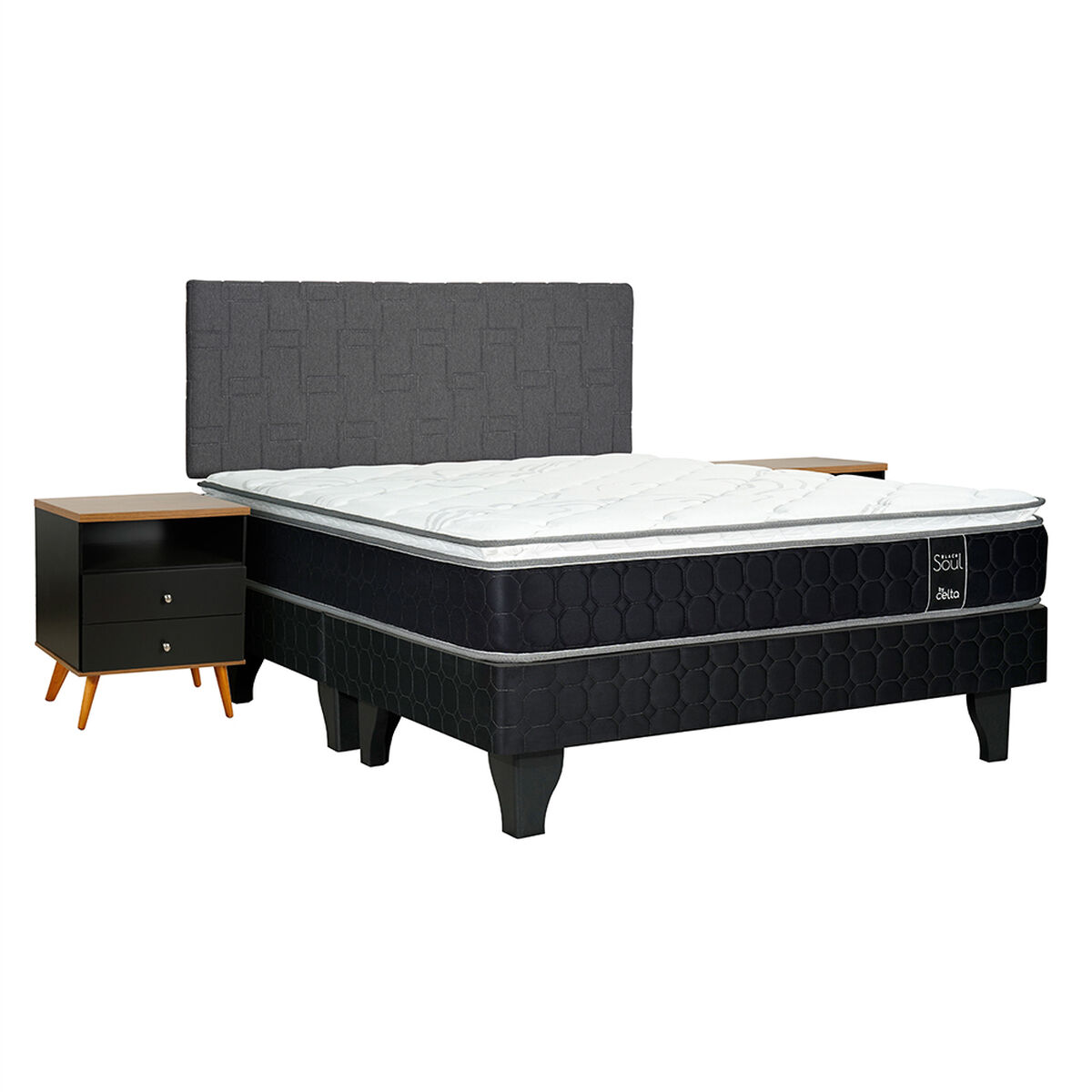 Cama Europea Celta Base Dividida 2 Plazas Black Soul +  Respaldo + 2 Veladores Black