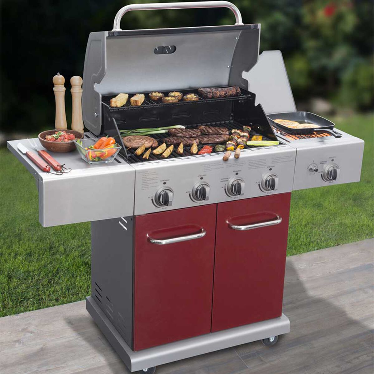 Parrilla a Gas Encendido Electr&oacute;nico BBQ Grill Texas Acero Inoxidable 4 Quemadores Centrales + 1 Lateral Roja