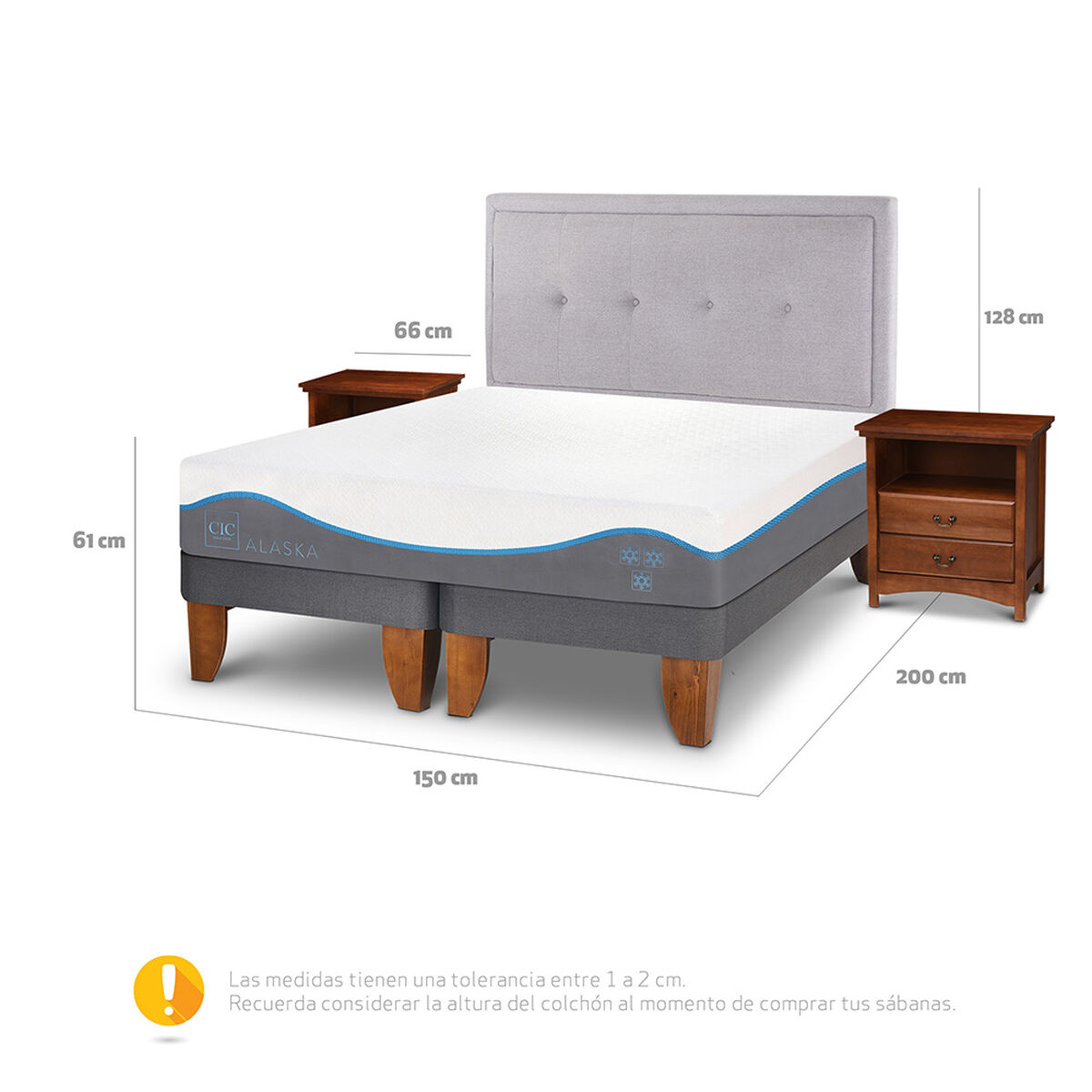 Cama Europea CIC Base Dividida 2 Plazas Alaska + Respaldo + 2 Veladores