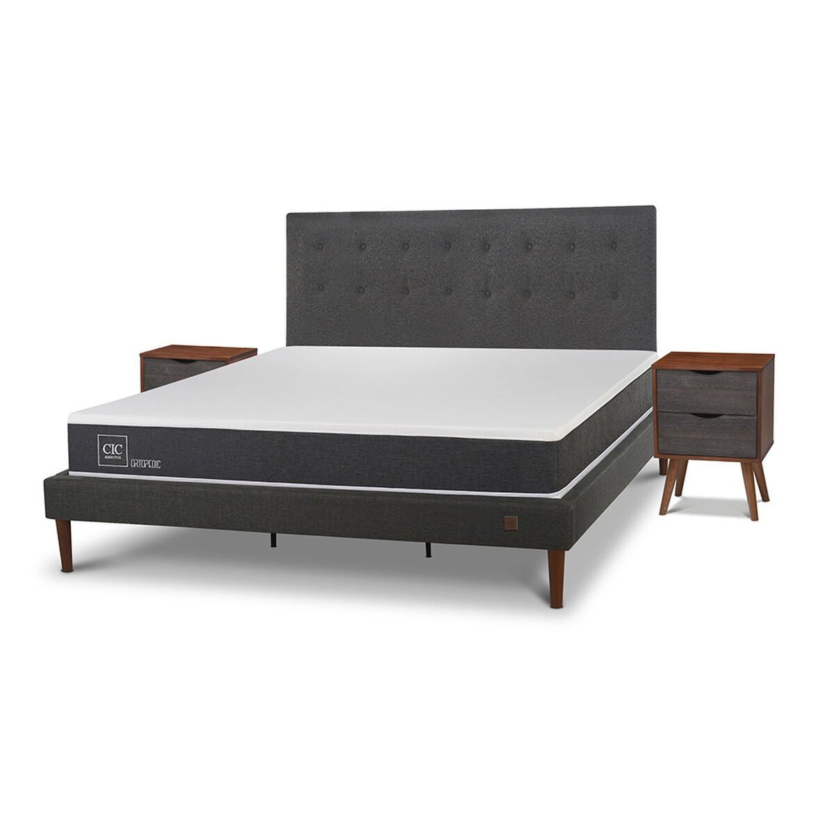 Cama Europea CIC King New Ortopedic + Respaldo Eufrates + 2 Veladores