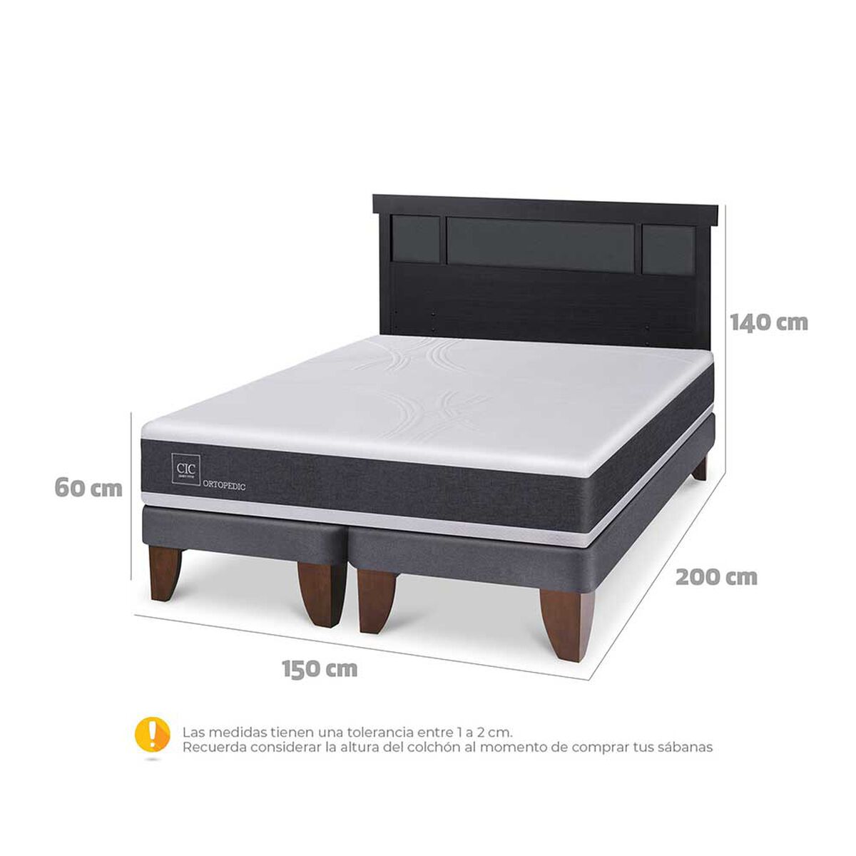 Cama Europea CIC Base Dividida 2 Plazas Ortopedic + Respaldo Dublin Negro