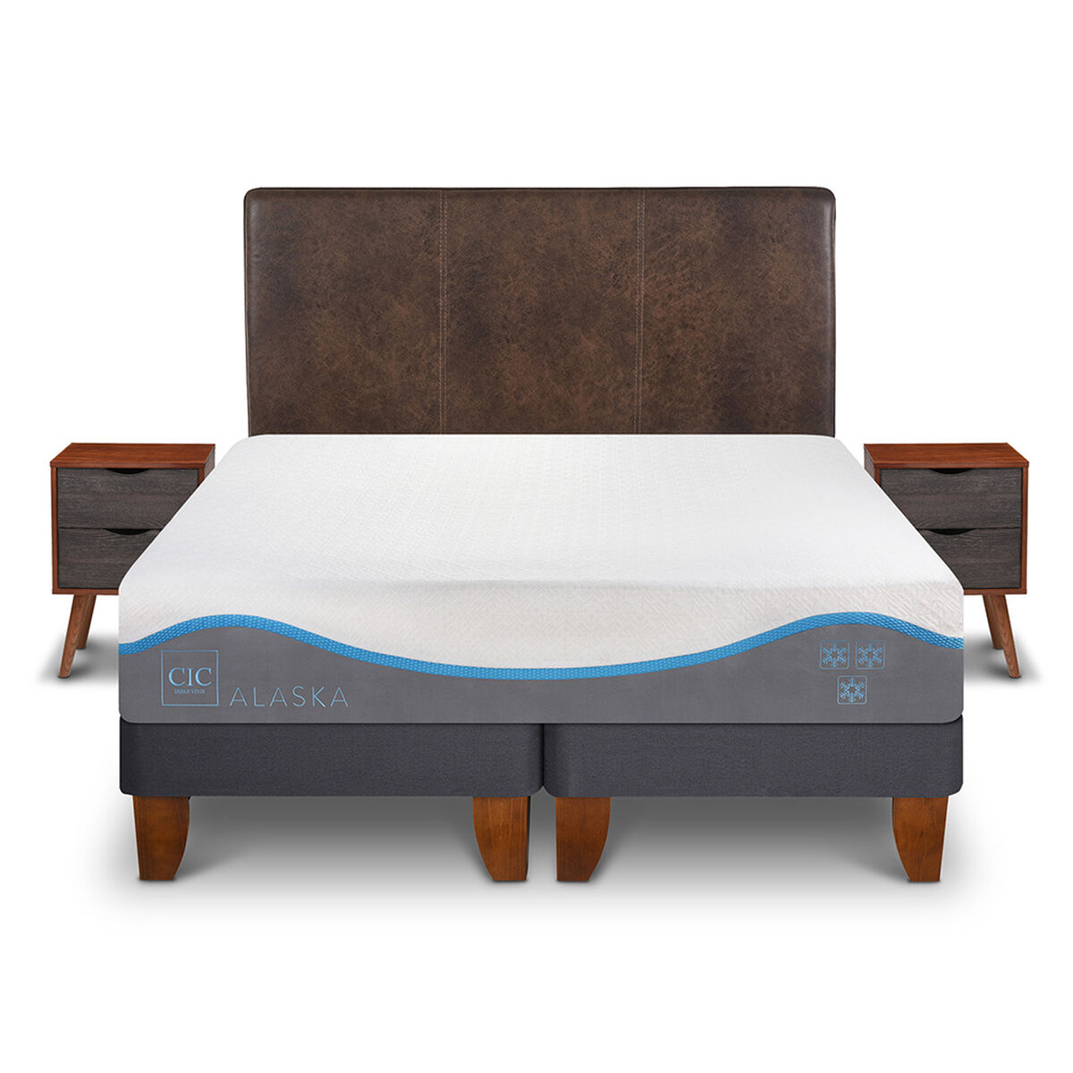 Cama Europea CIC Base Dividida 2 Plazas Alaska + Respaldo + 2 Veladores