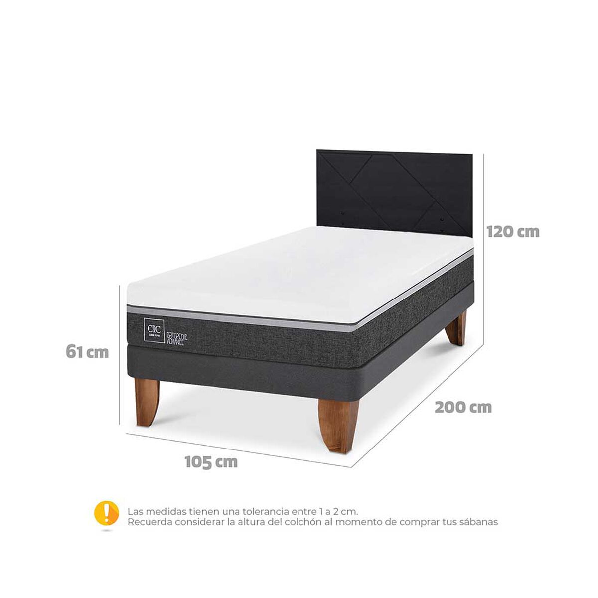 Cama Europea CIC 1,5 Plazas Ortopedic Advance + Respaldo Villarrica Negro