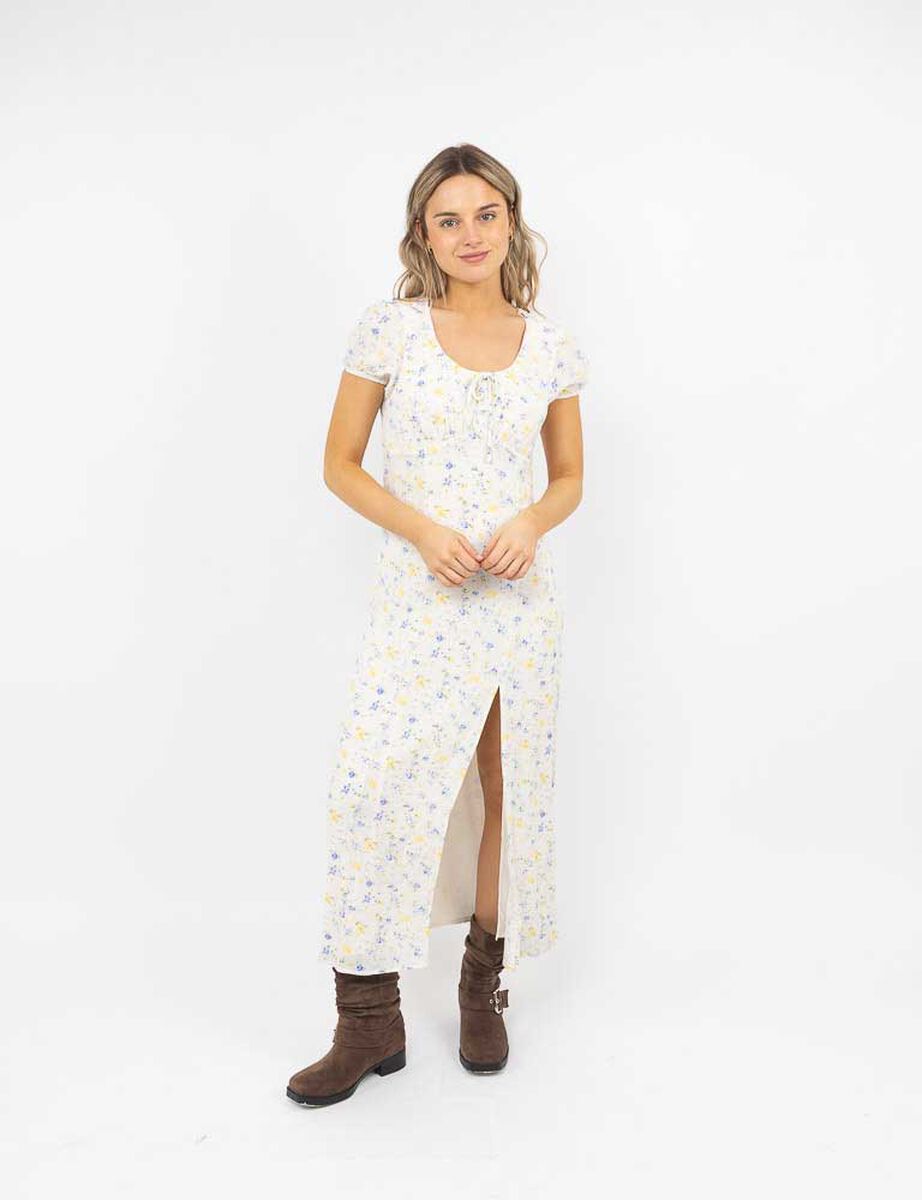 Vestido Maxi Estampado Manga Corta Mujer Icono