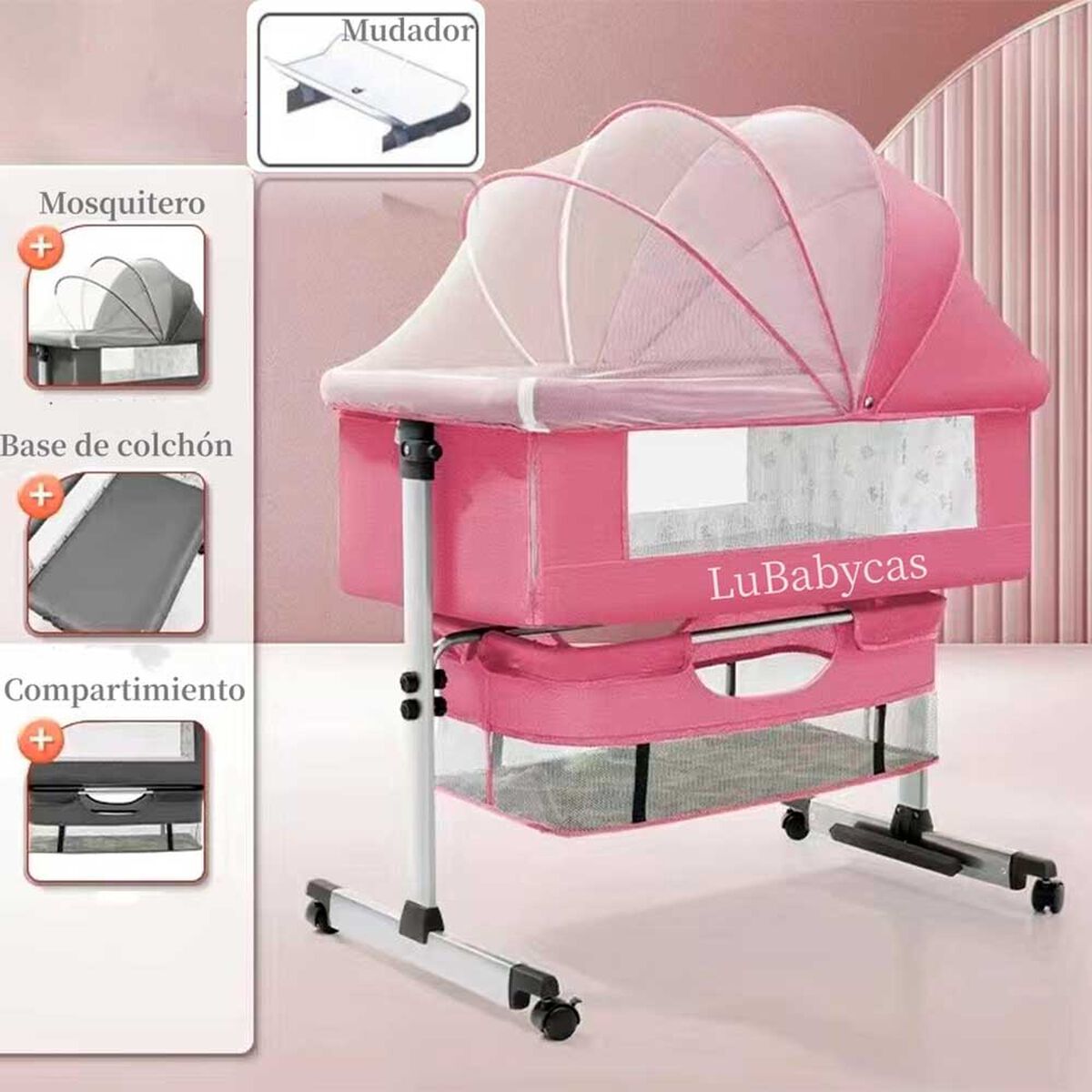 Cuna Colecho con Mudador y Accesorios Lubabycas Rosada