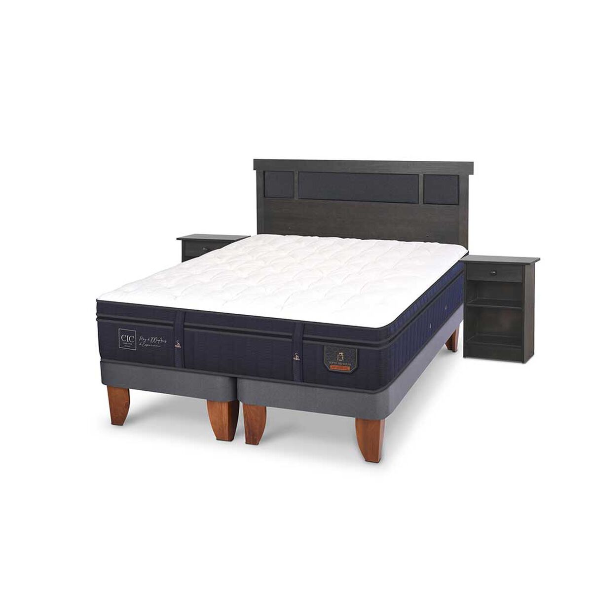 Cama Europea CIC Base Dividida 2 Plazas Súper Premium + Respaldo + 2 Veladores Dublin
