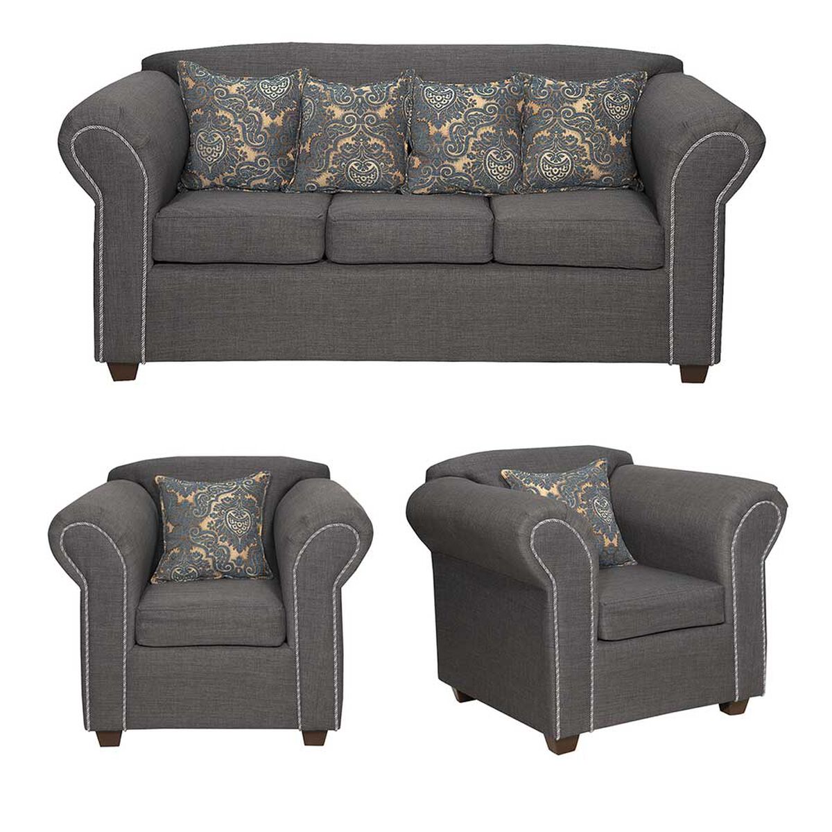 Juego de Living Essenza New Amparo Tela Catania Sofá 3 Cuerpos + Dos Sillones 1 Cuerpo Gris