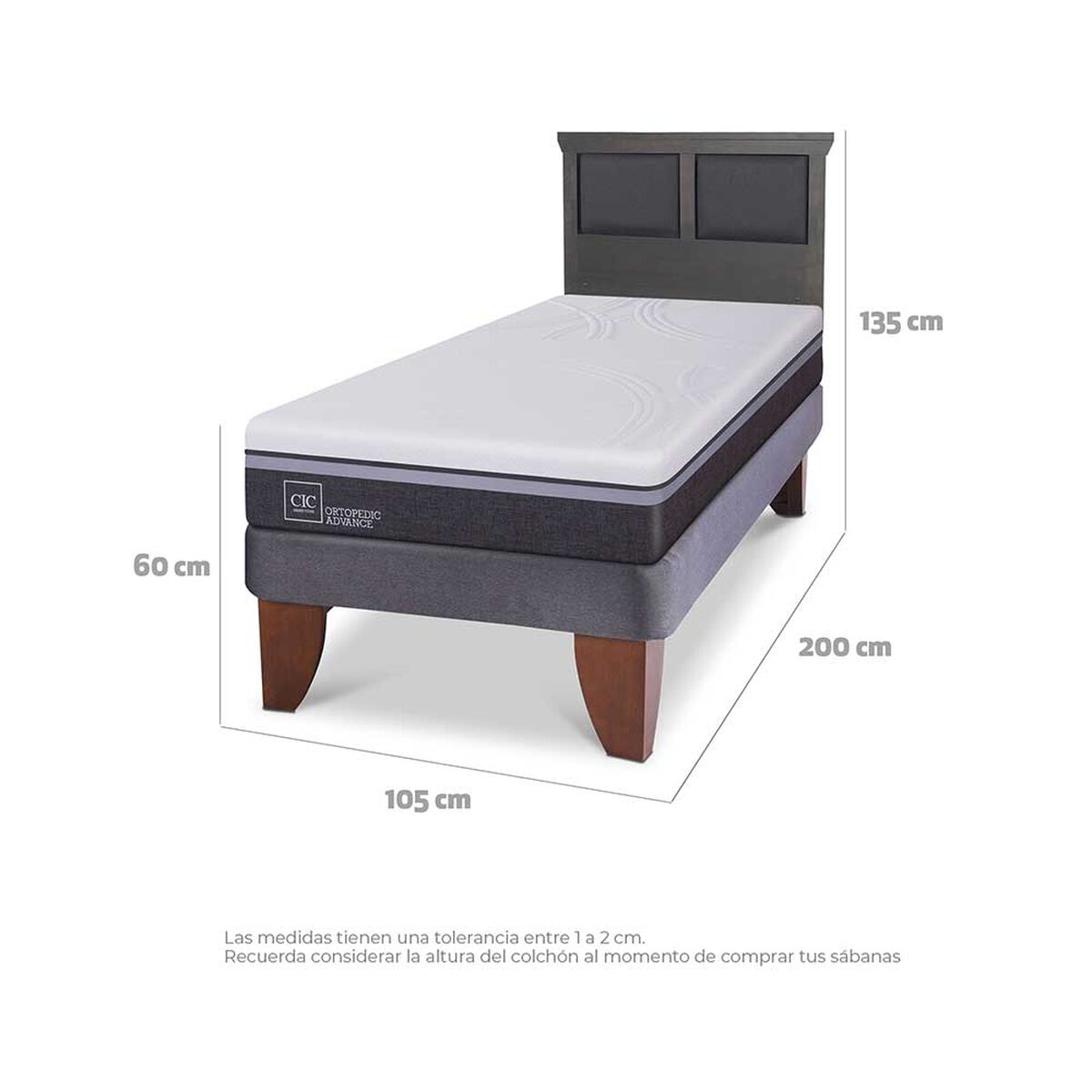Cama Europea CIC 1,5 Plazas Ortopedic Advance + Respaldo Torino