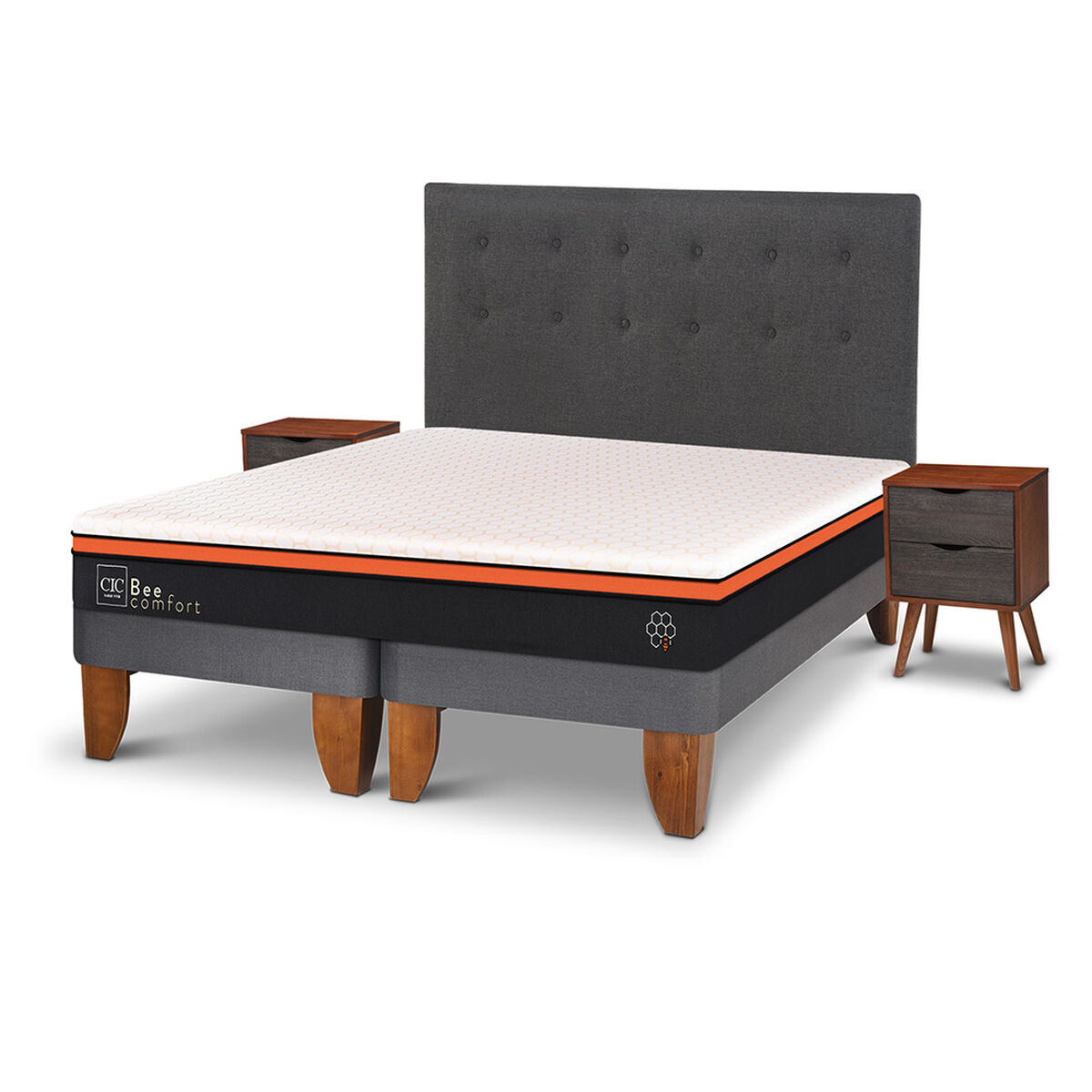 Cama Europea CIC Base Dividida 2 Plazas Bee Comfort + Respaldo + 2 Veladores