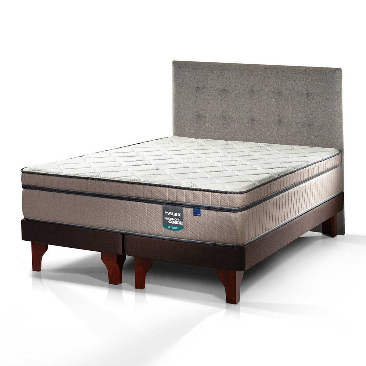 Cama Europea Flex Base Dividida 2 Plazas M&aacute;ximo Cobre + Respaldo Design Gris