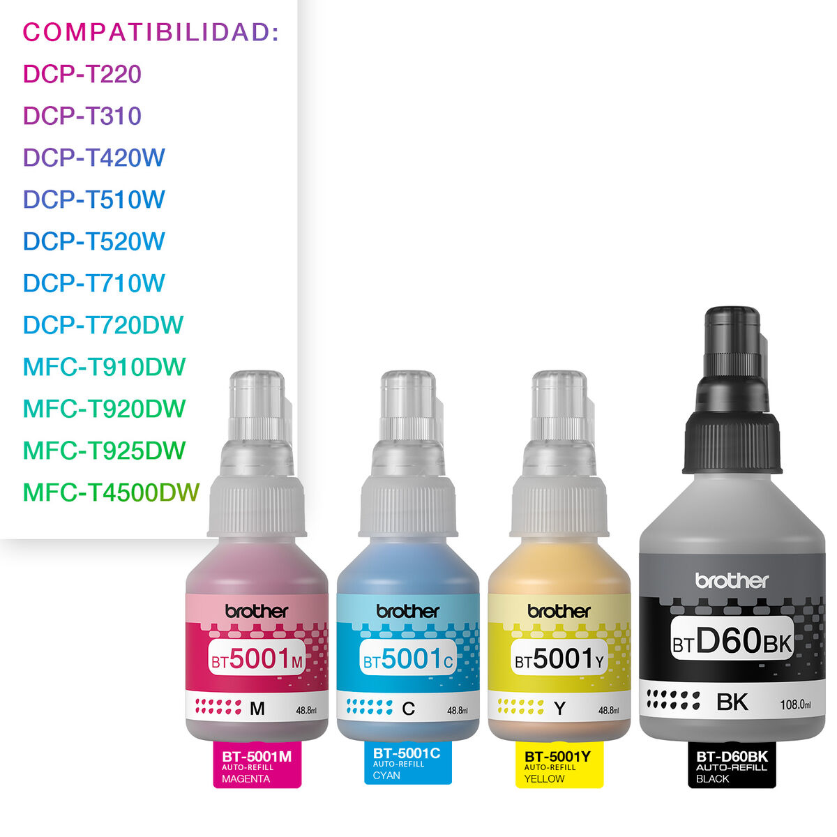 Pack Tintas Brother Botellas BTCMYK Negro - ​​Cyan - Magenta - Amarillo