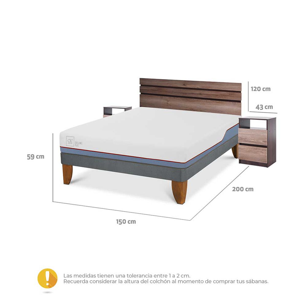 Cama Europea CIC 2 Plazas Excellence Plus + Respaldo + 2 Veladores
