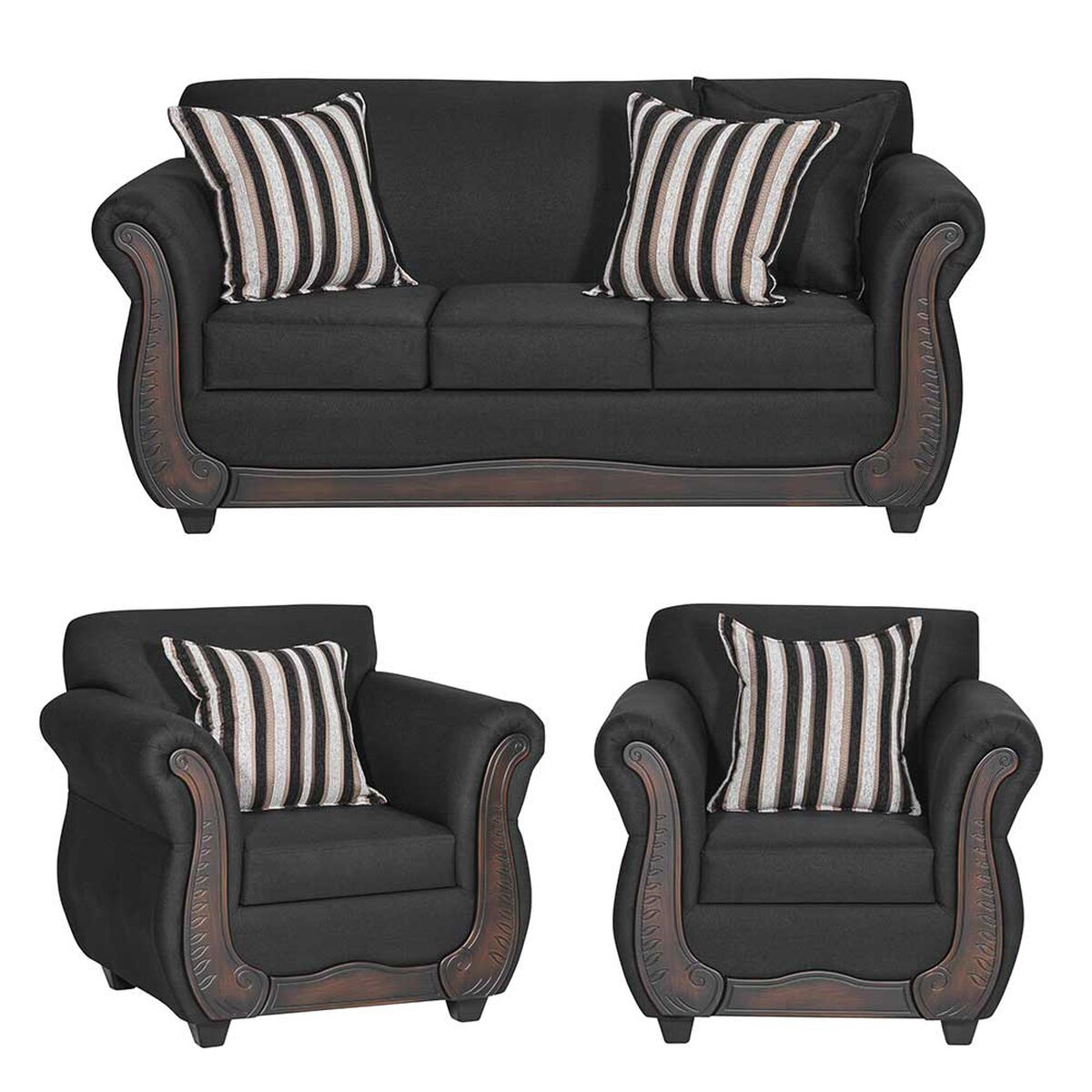 Juego de Living  Muebles M&E Llanquihue Sofá 3 Cuerpos + Dos Sillones 1 Cuerpo Negro
