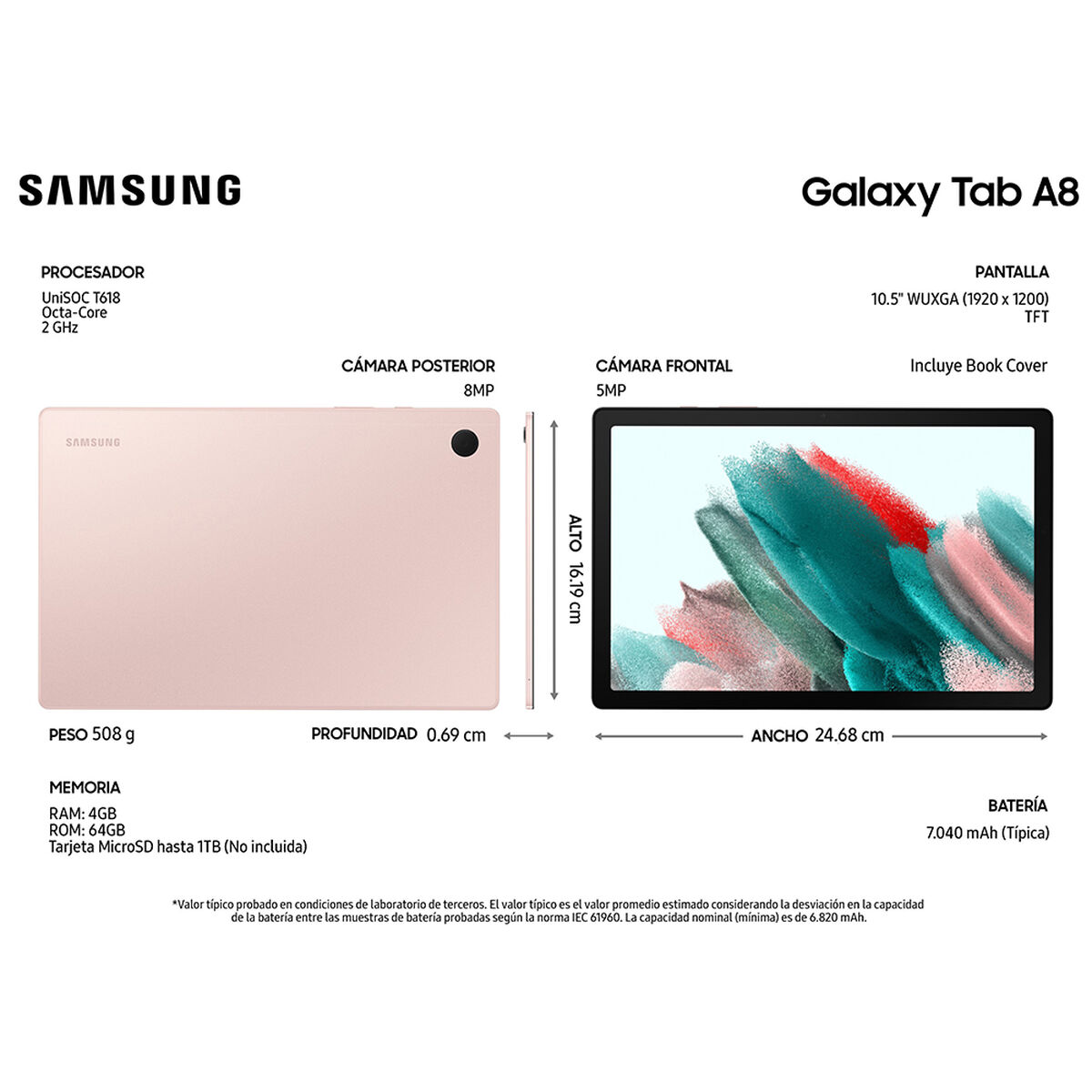 Tablet Samsung SM-X200 Galaxy TAB A8 Octa Core 4GB 64GB 10,5" Rosado + Cover