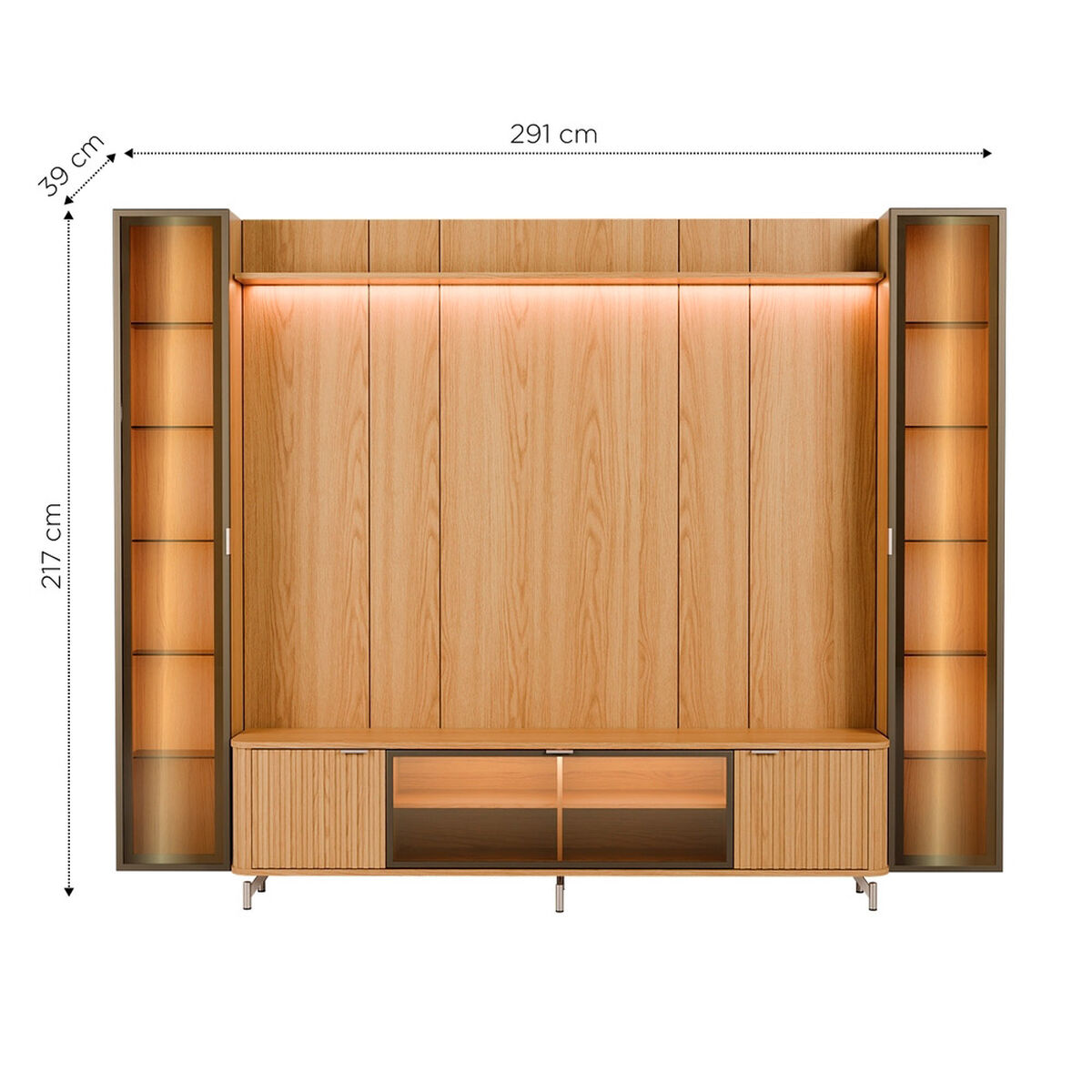 Rack TV 80" + Panel Neon Float Led + 2 Vitrinas Decocasa Carvalho