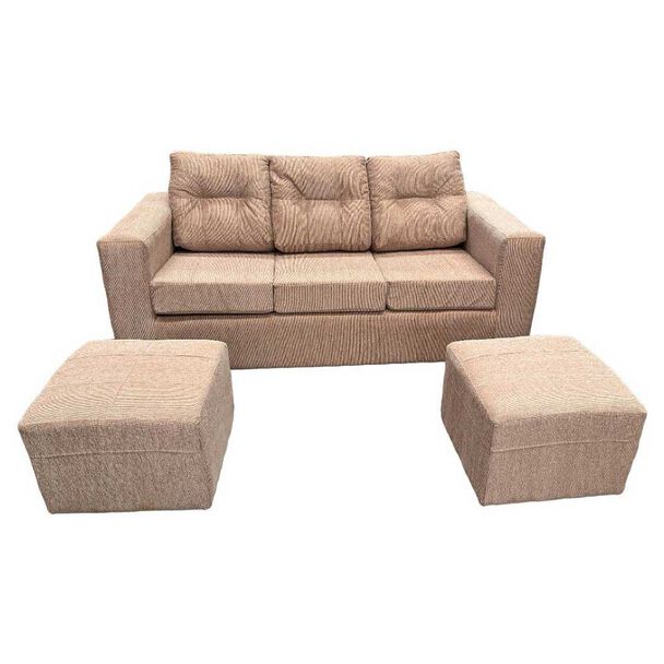 Juego de Living Kea Nize Sofá 3 Cuerpos + Dos Pouf Tela Beige