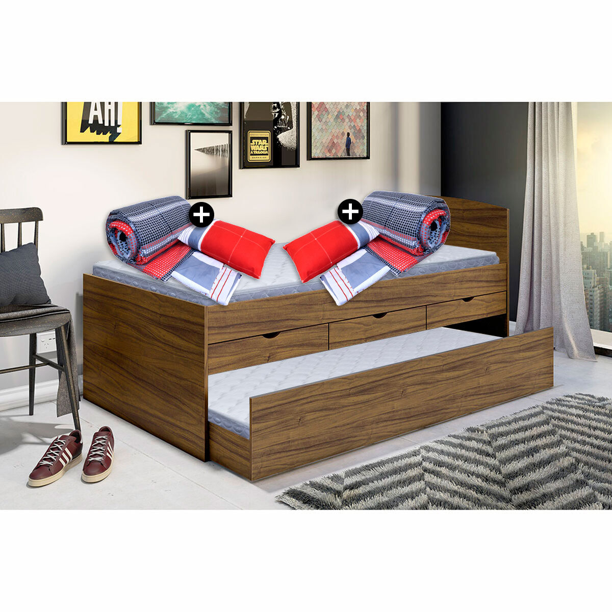 Combo Cama Nido Casanova 1,5 Plazas Juvenil 3 Cajones Nogal + Colchón Celta 1,5 Plazas New Atlantis + Colchón Celta 1 Plaza New Atlantis + 2 Set Textiles + 1 Almohada