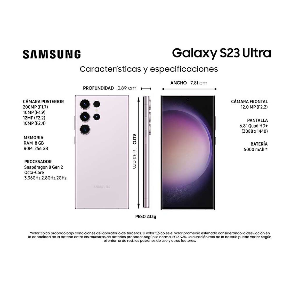 Celular Samsung Galaxy S23 Ultra 256 GB 6,8" Lavender Liberado