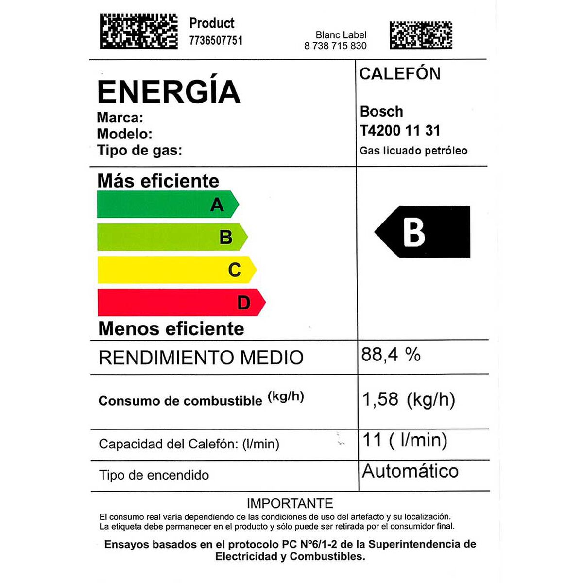 Calef&oacute;n 11 litros gas licuado tiro natural Junkers Bosch Therm 4200