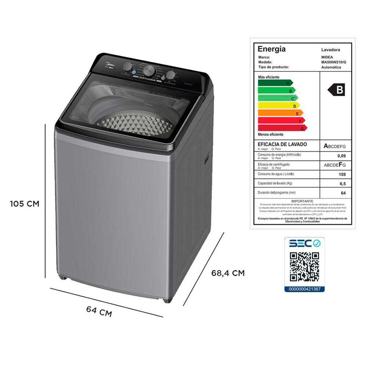 Lavadora Autom&aacute;tica Midea MA500W210/G 21 kg.