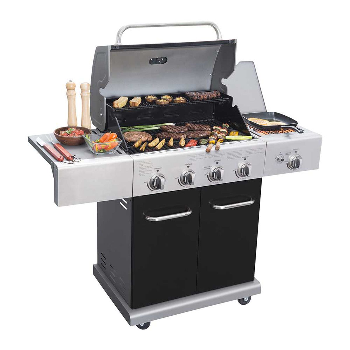 Parrilla a Gas Encendido Electrónico BBQ Grill Texas Acero Inoxidable 4 Quemadores Centrales + 1 Lateral Negro