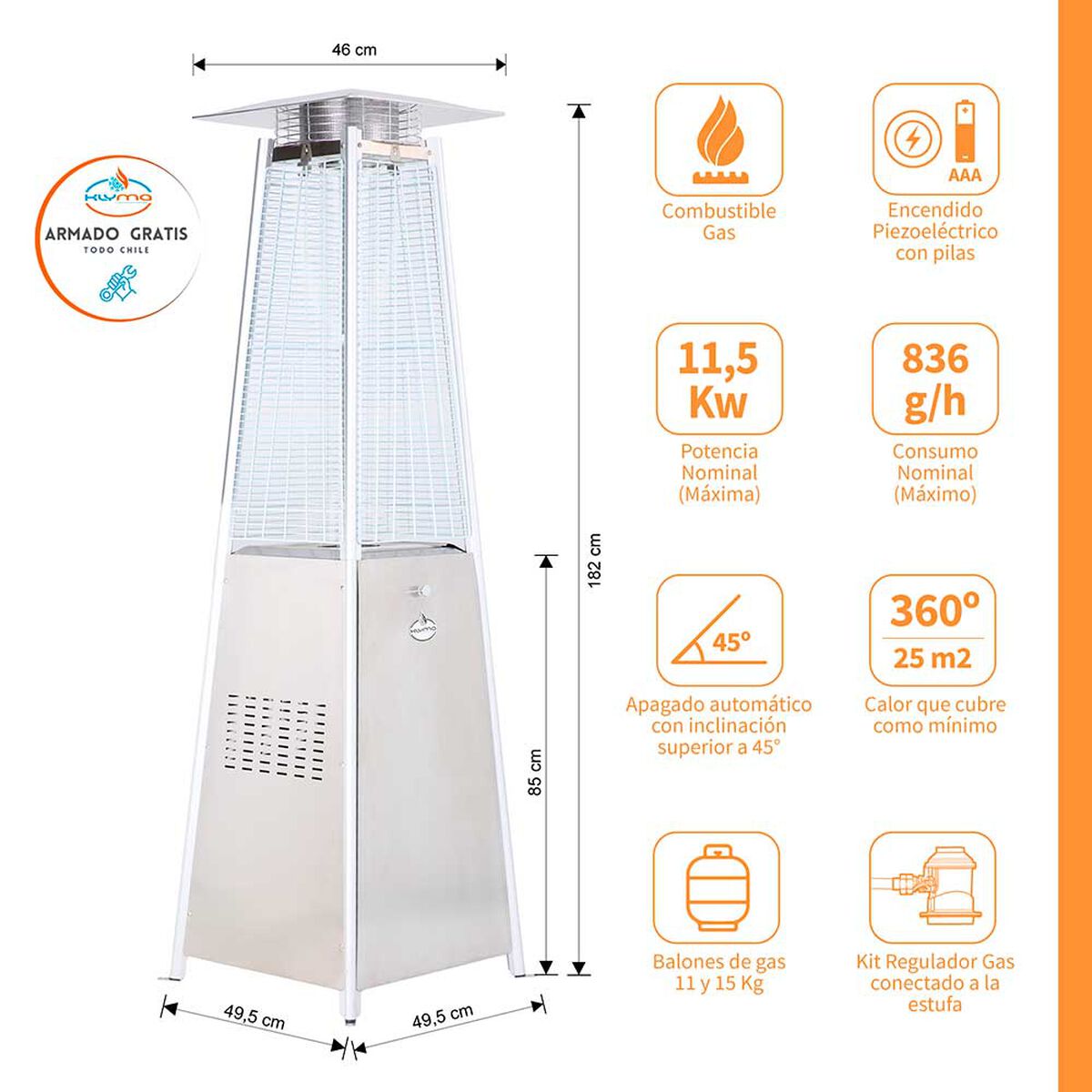Estufa a Gas Exterior Terraza Klyma Obelisk LW Inox 1,8 mts.