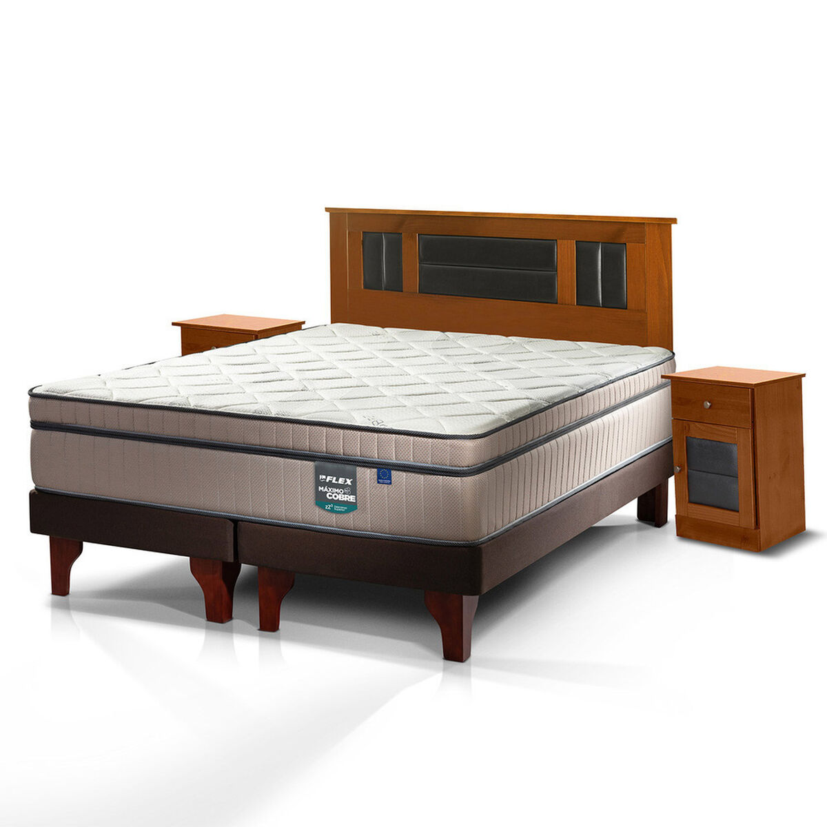 Cama Europea Flex Base Dividida 2 Plazas  M&aacute;ximo Cobre  + Respaldo + 2 Veladores Lorraine