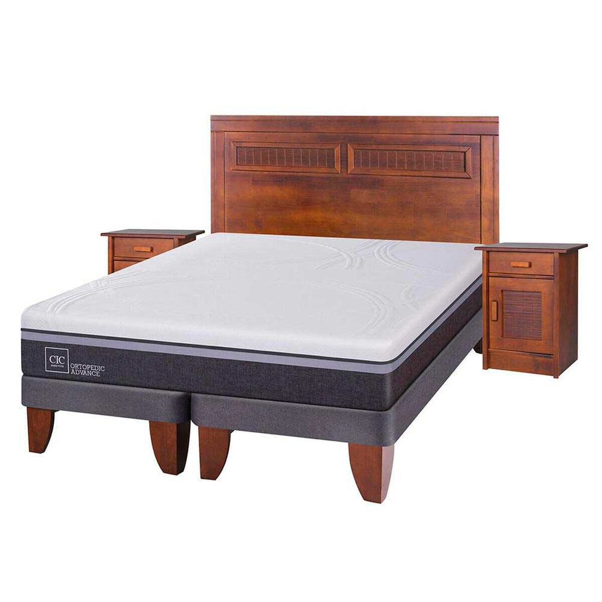 Cama Europea CIC Base Dividida King Ortopedic Advance + Respaldo + 2 Veladores