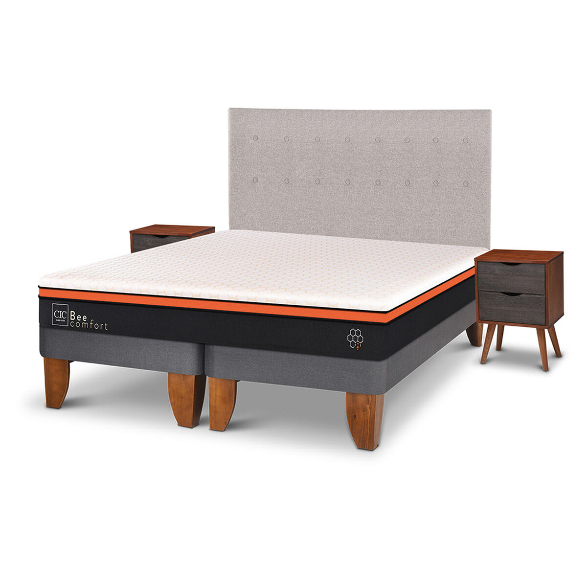 Cama Europea CIC Base Dividida King Bee Comfort + Respaldo + 2 Veladores