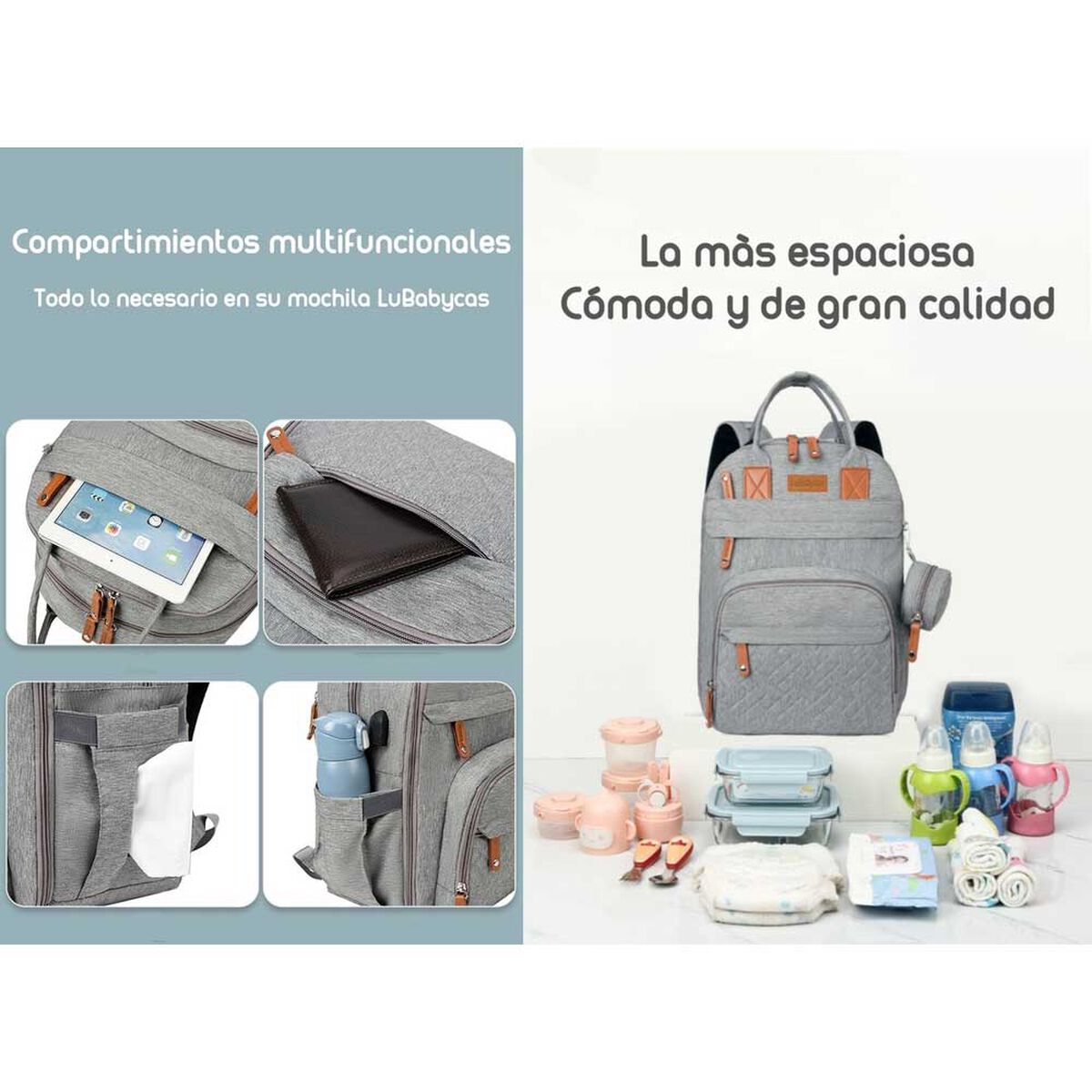 Mochila Maternal con Monedero y Colgador Lubabycas Gris