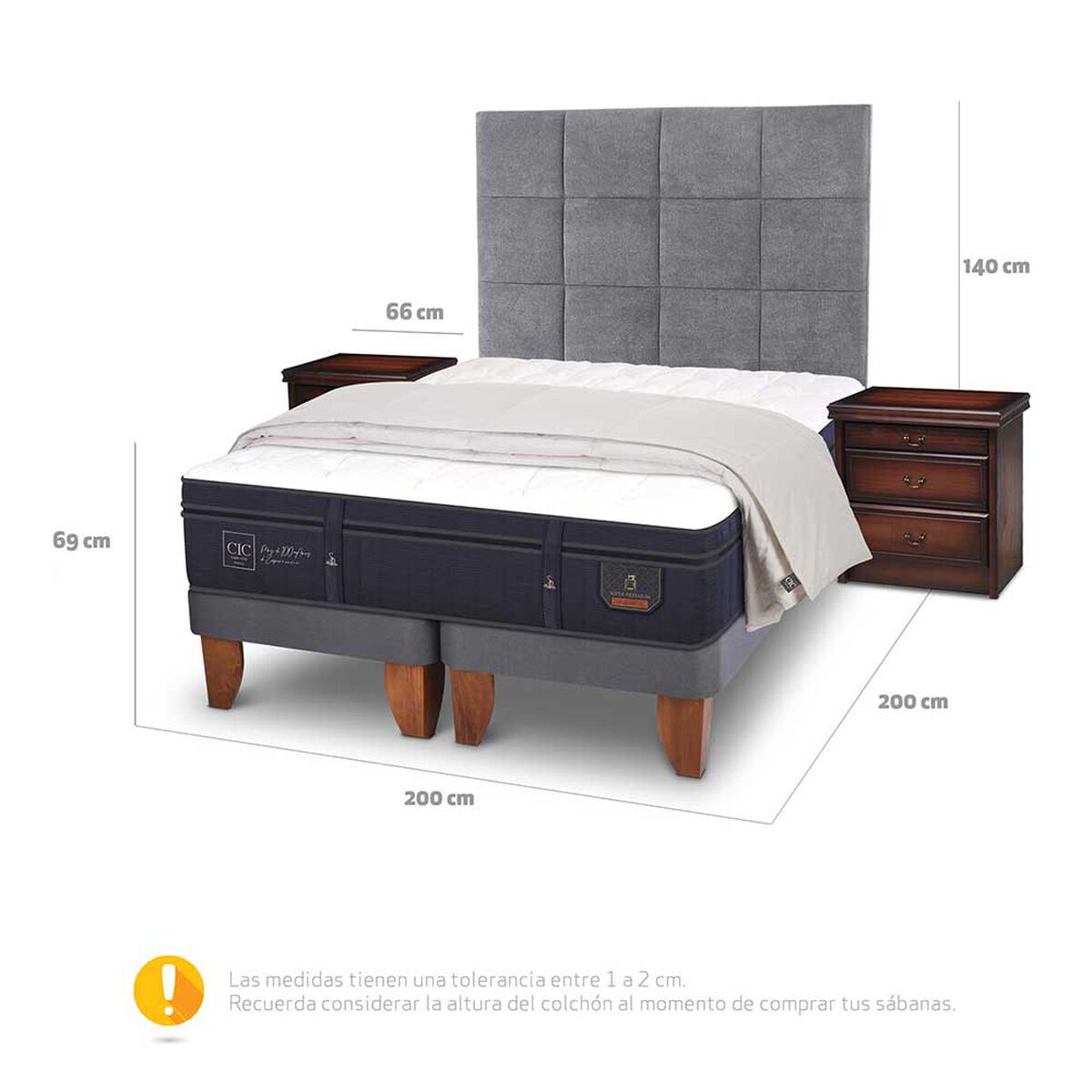 Cama Europea CIC Base Dividida S&uacute;per King S&uacute;per Premium + Respaldo + Veladores + Plum&oacute;n Ganso