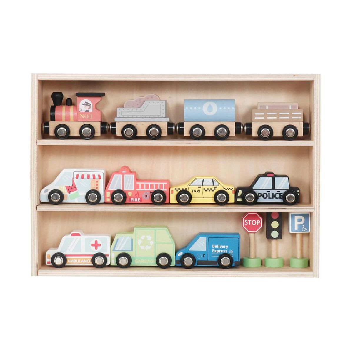 Set Autos de Juguete Tren Pista y Se&ntilde;aleticas Madera Band&uacute;