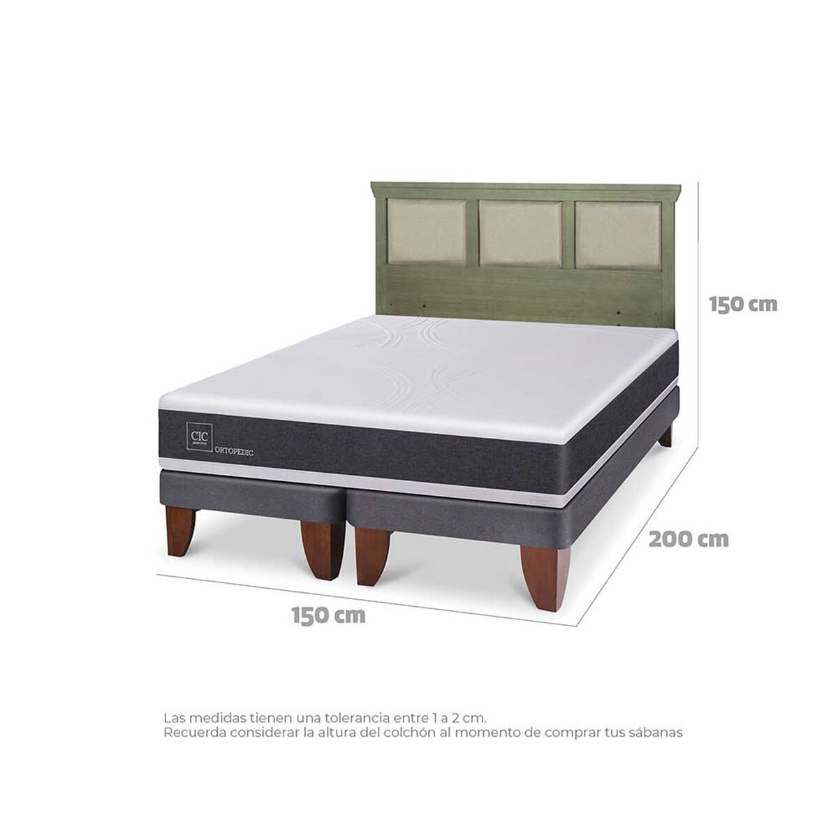 Cama Europea CIC Base Dividida 2 Plazas Ortopedic + Respaldo Torino Olivo