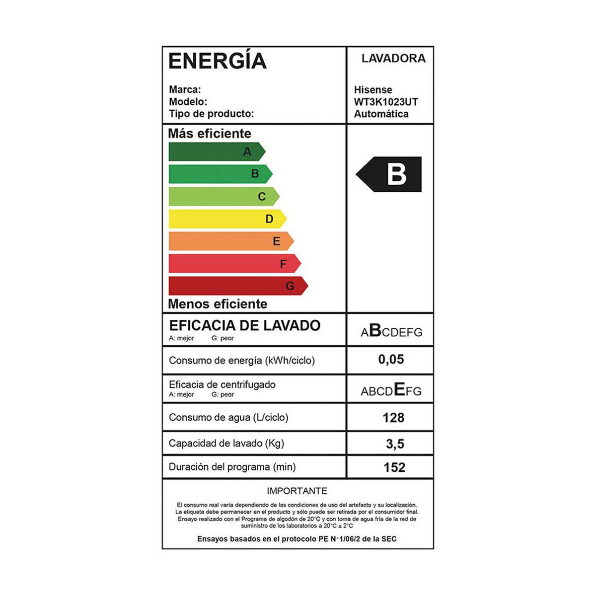 Lavadora Autom&aacute;tica Hisense WT3K1023UT 10 kg.