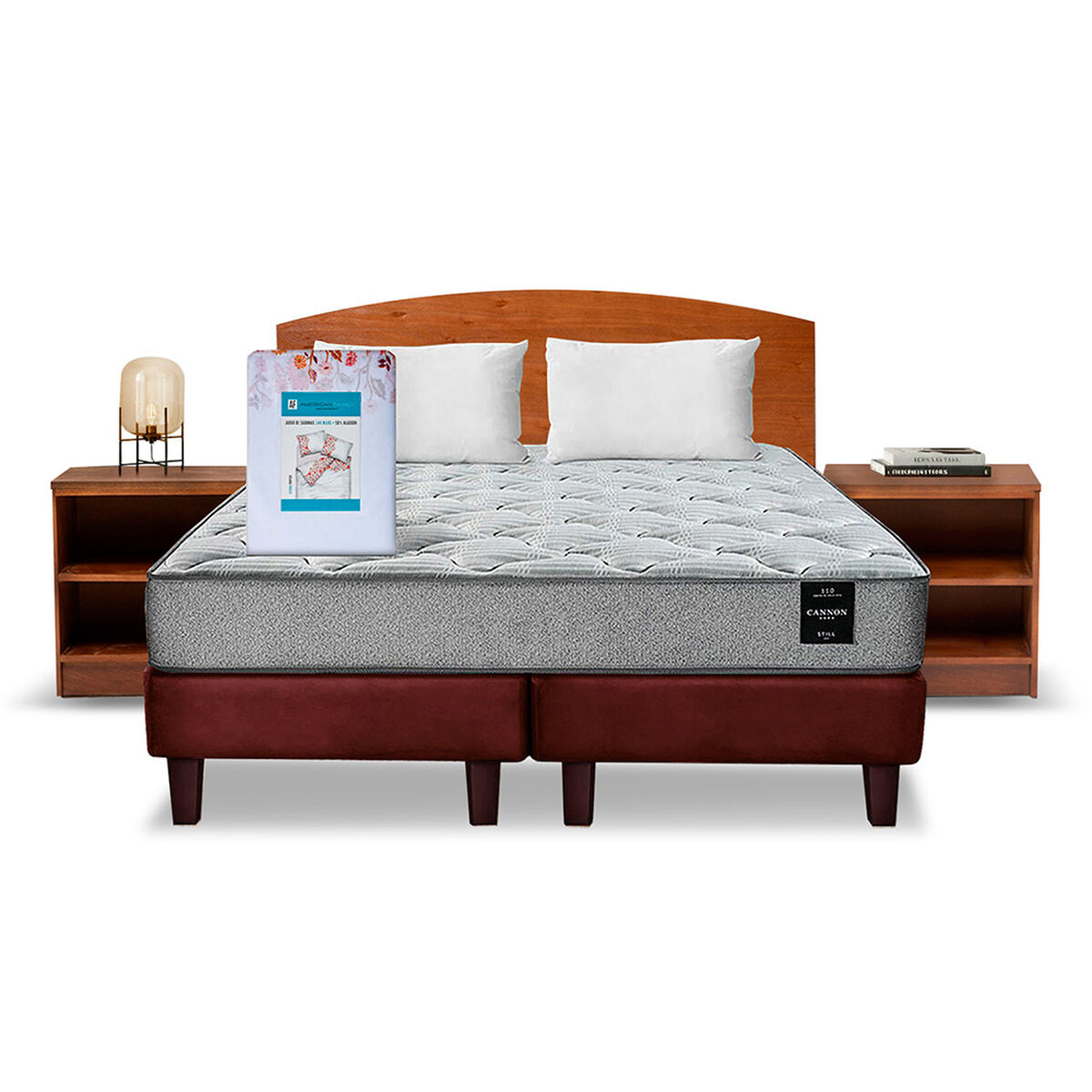 Combo Cama Europea Latam Home 2 Plazas Cannon BD Tela Chocolate + Textil + Respaldo + 2 Veladores Atlas