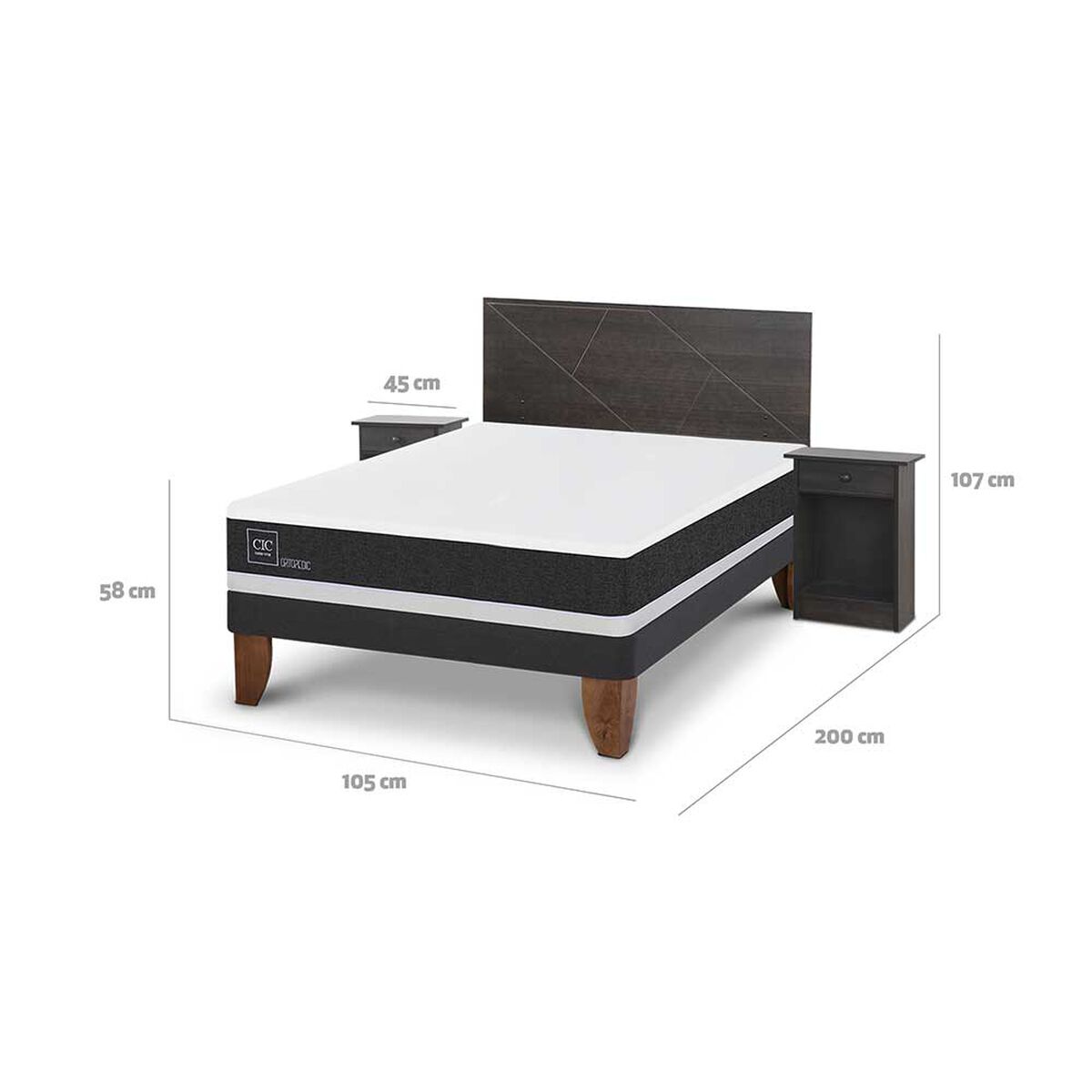 Cama Europea CIC Base Normal 2 Plazas Ortopedic + Respaldo + 2 Veladores Villarrica