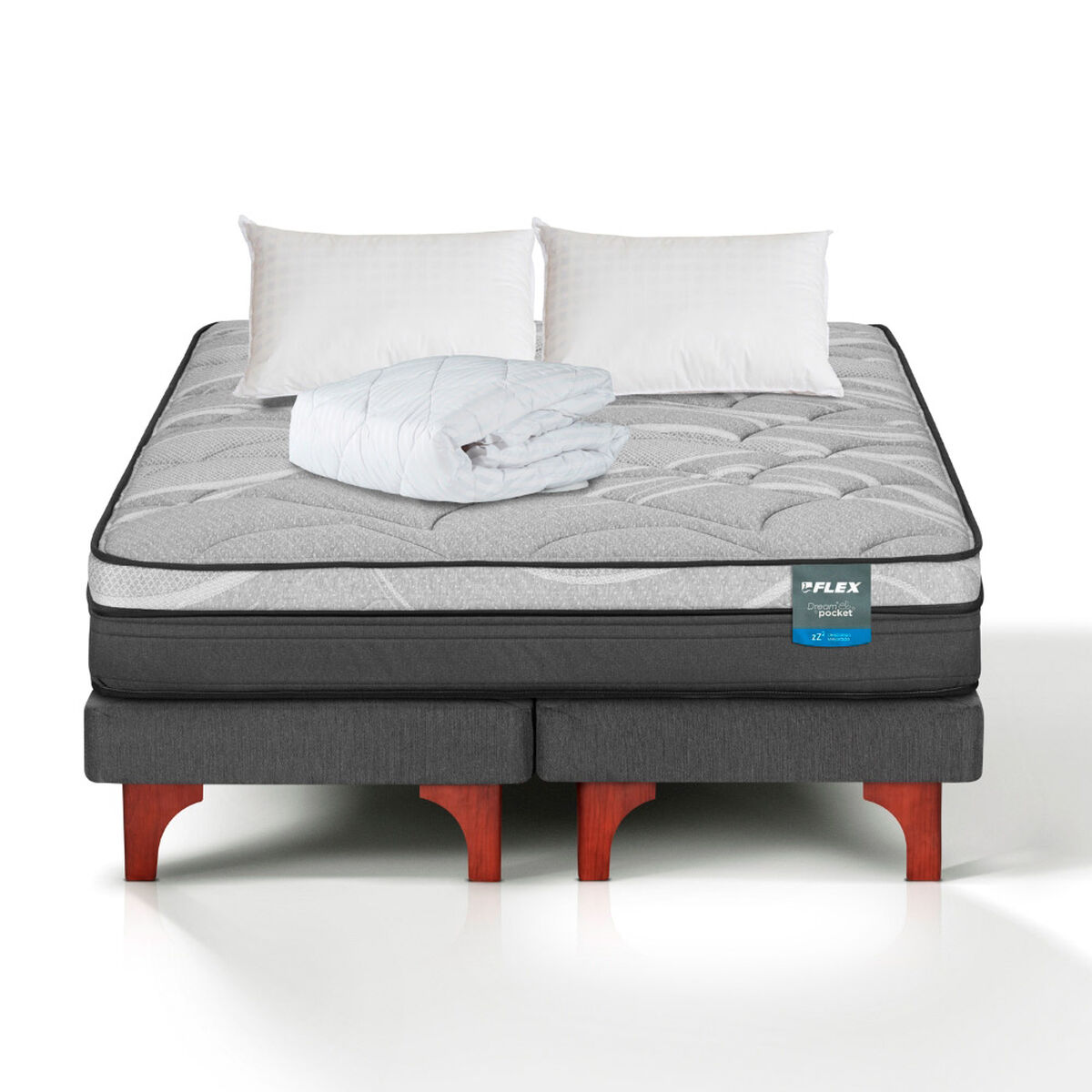 Cama Europea Flex 2 Plazas Dream Pocket Box B/D + 2 Almohada + Cubrecolchon Basico