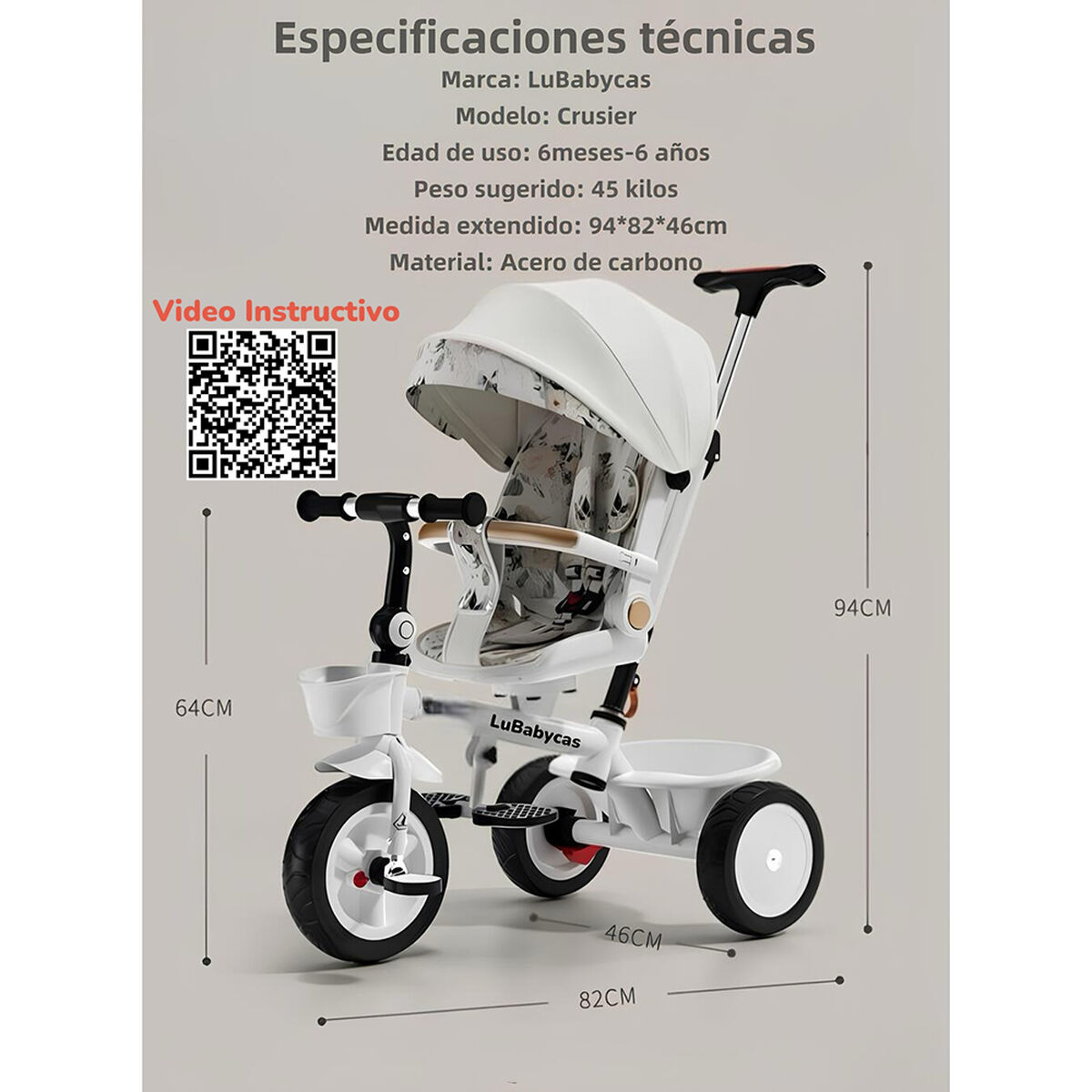 Triciclo LuBabycas 360° Multiposiciones con Mesita Blanco