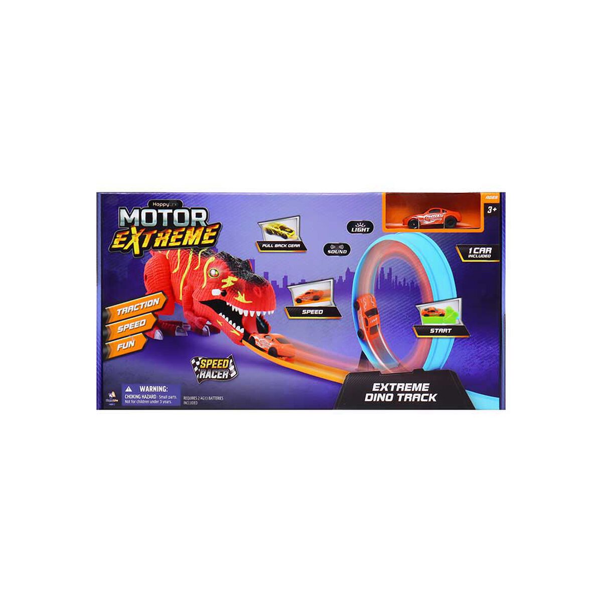 Pista Dinosaurio Luz y Sonido, 1 Auto Pull Back Diseños Surtidos  Happy Line