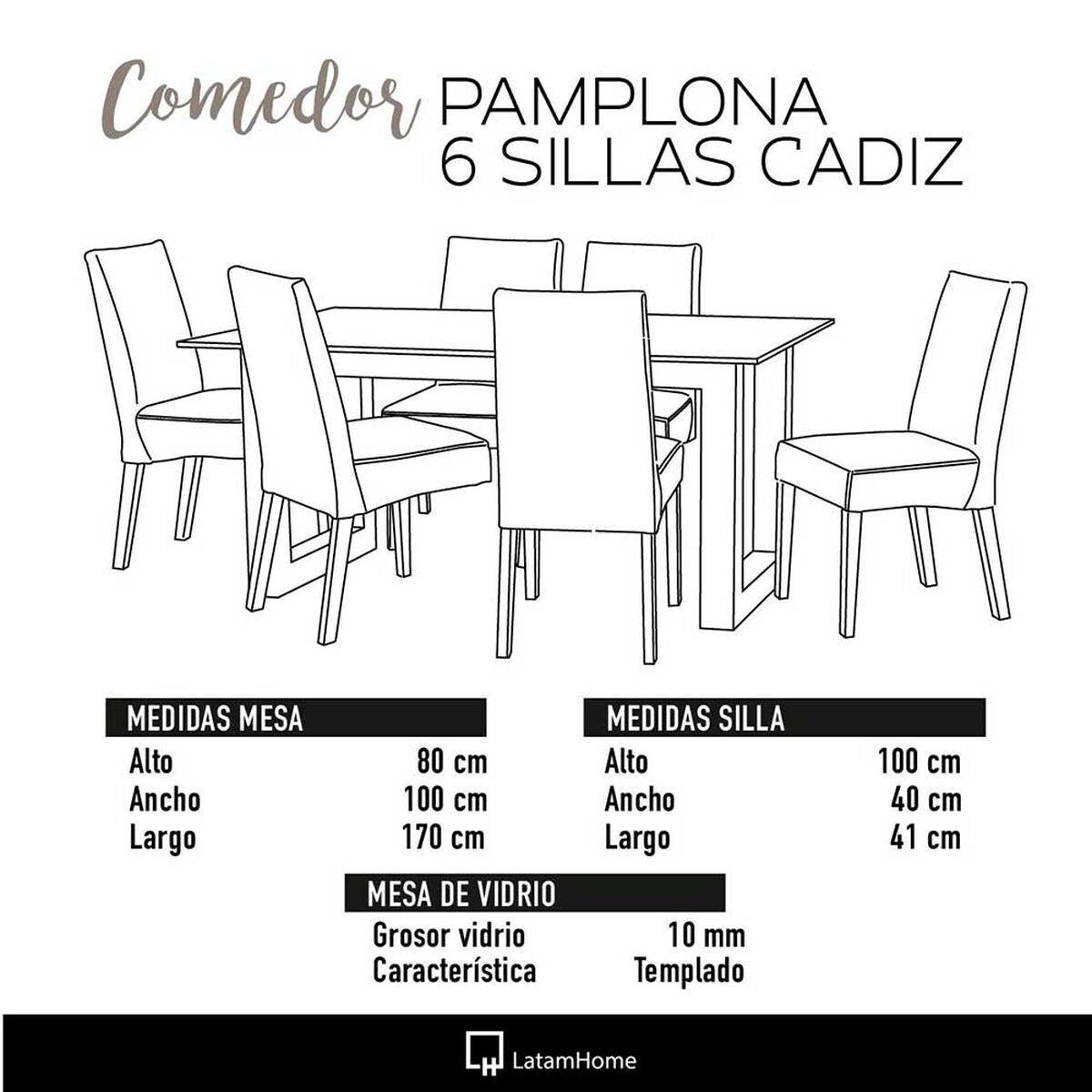 Juego de Comedor Latam Home Pamplona Burgos 6 Sillas Velvet Negro