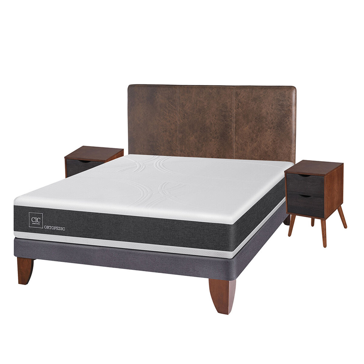 Cama Europea CIC 2 Plazas Ortopedic + Respaldo + 2 Veladores Baker