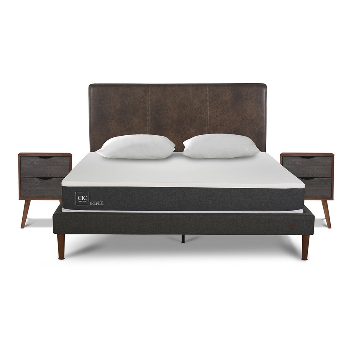 Cama Europea CIC 2 Plazas New Ortopedic + Respaldo Baker + 2 Veladores + Almohadas Viscoelásticas