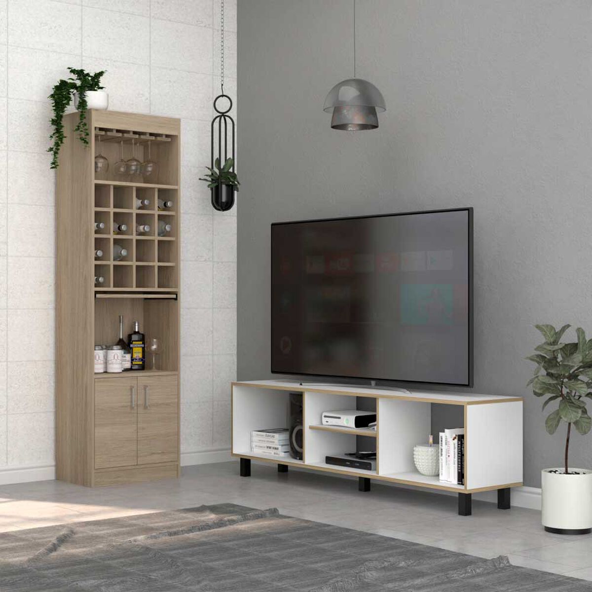 Combo Rack TV65  + Mesa de Arrimo TuHome Nomik Blanco Rovere