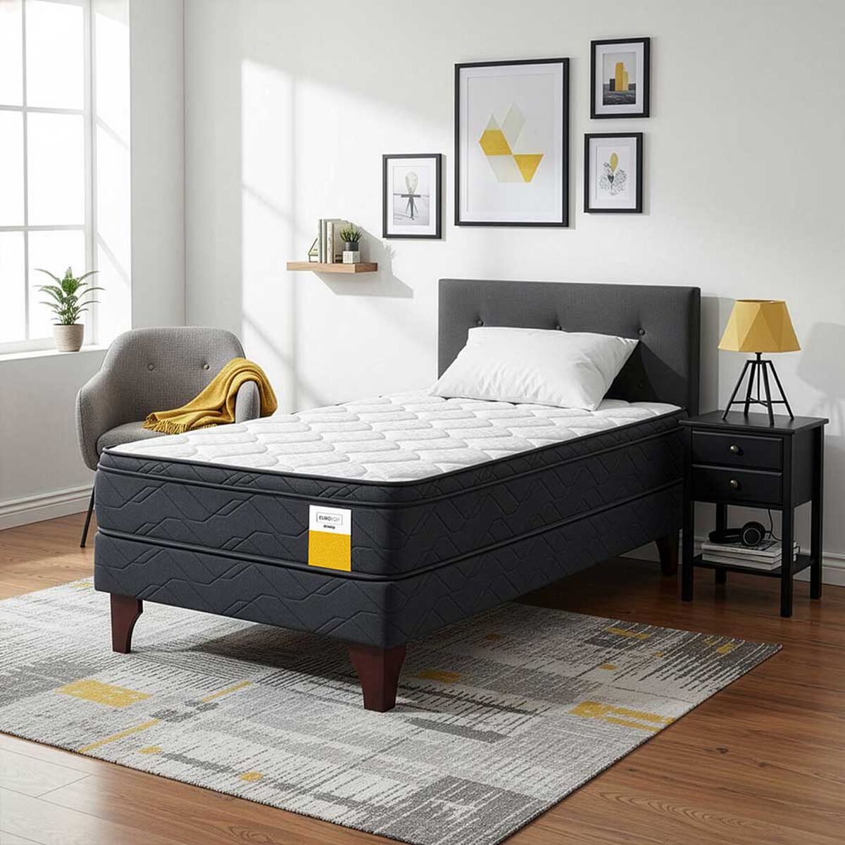 Cama Europea Drimkip 1,5 Plazas Eurotop + Respaldo Royal + Velador Rover