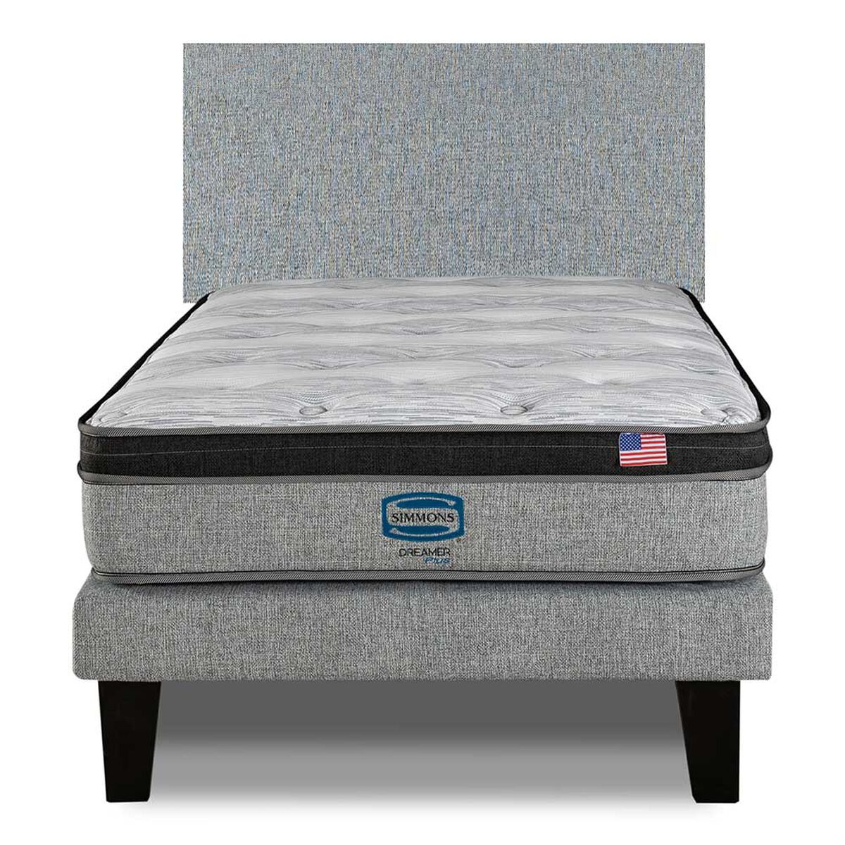 Cama Europea Simmons 1,5 Plazas Dreamer Plazasus Box + Respaldo Praga Plazasata